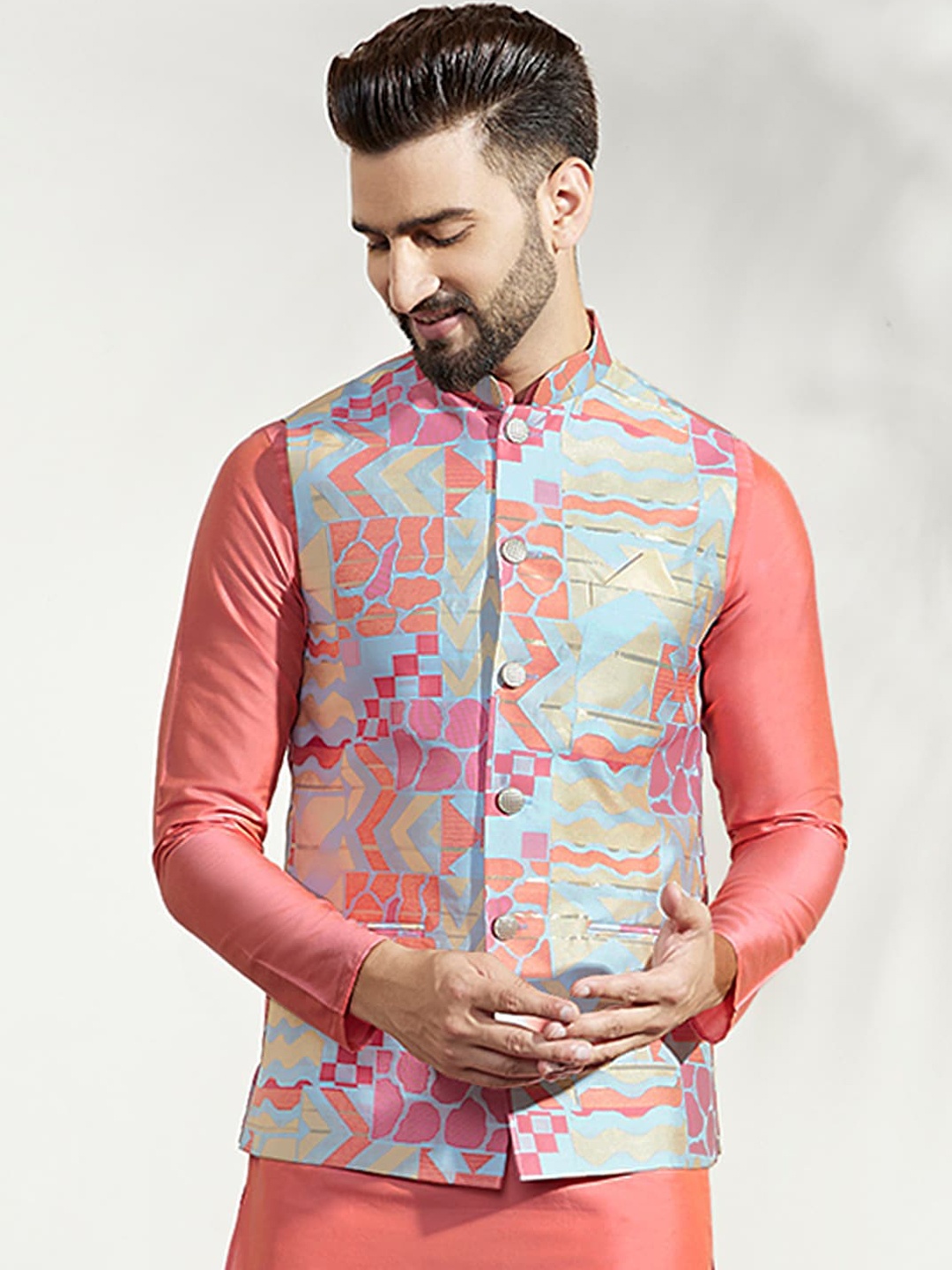 

KISAH Men Textured Zari Regular Fit Nehru Jacket, Pink