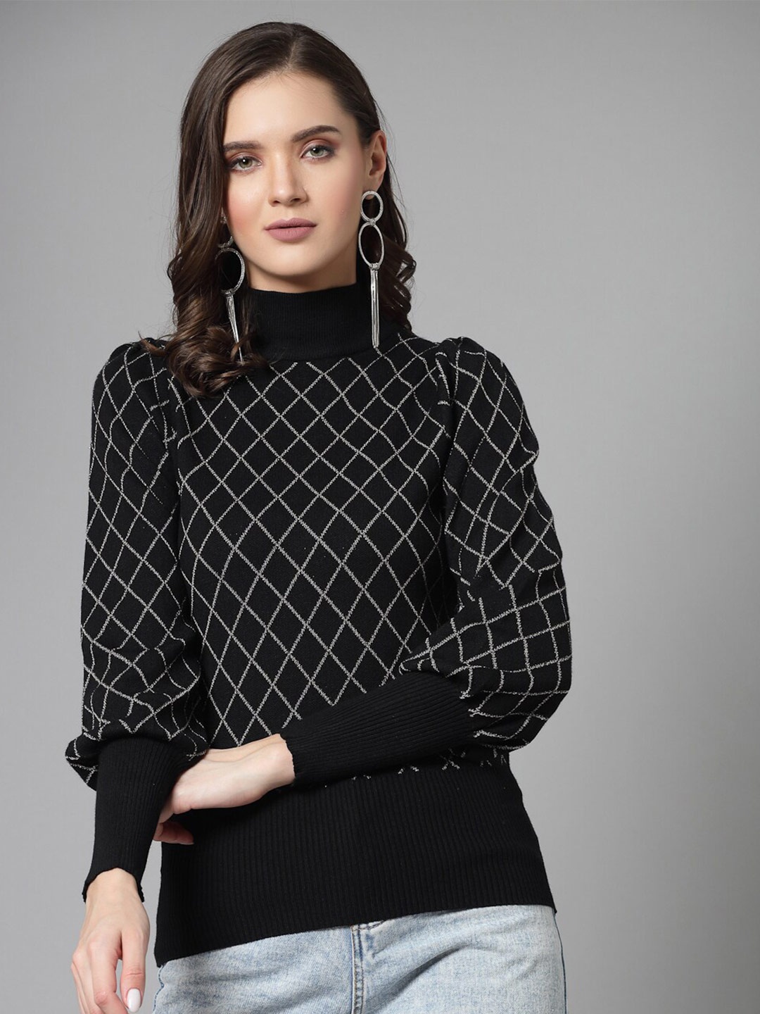 

Mafadeny Checked Turtle Neck Pullover Sweater, Black