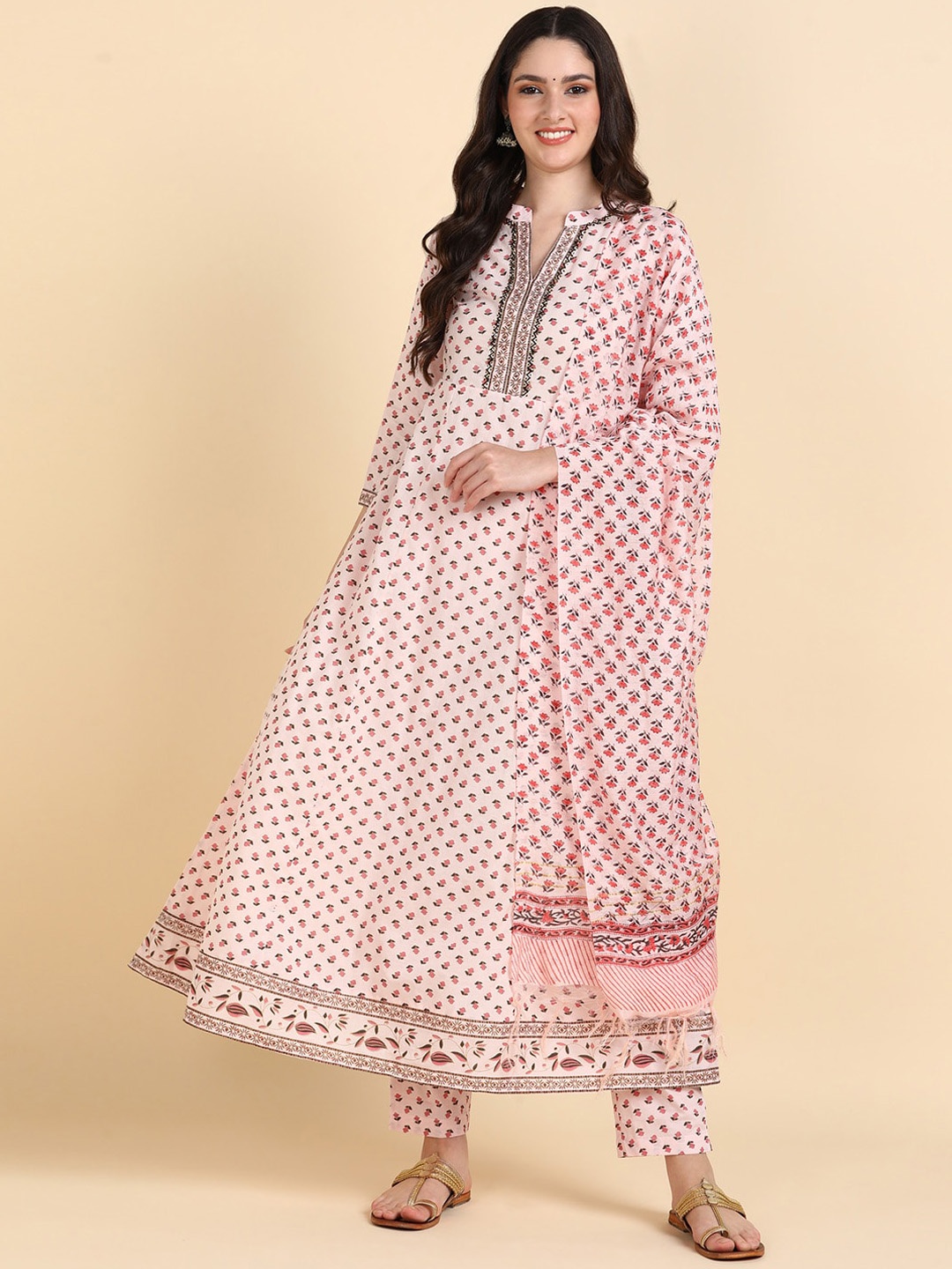 

HERE&NOW Ethnic Motifs Printed Regular Pure Cotton Kurta With Trousers & Dupatta, Peach