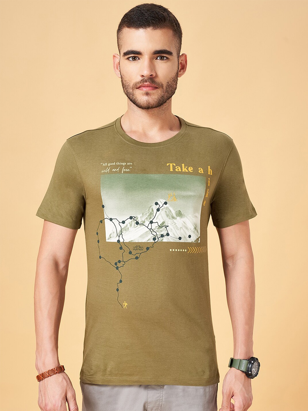 

Urban Ranger by pantaloons Graphic Printed Cotton Slim Fit T-shirt, Olive