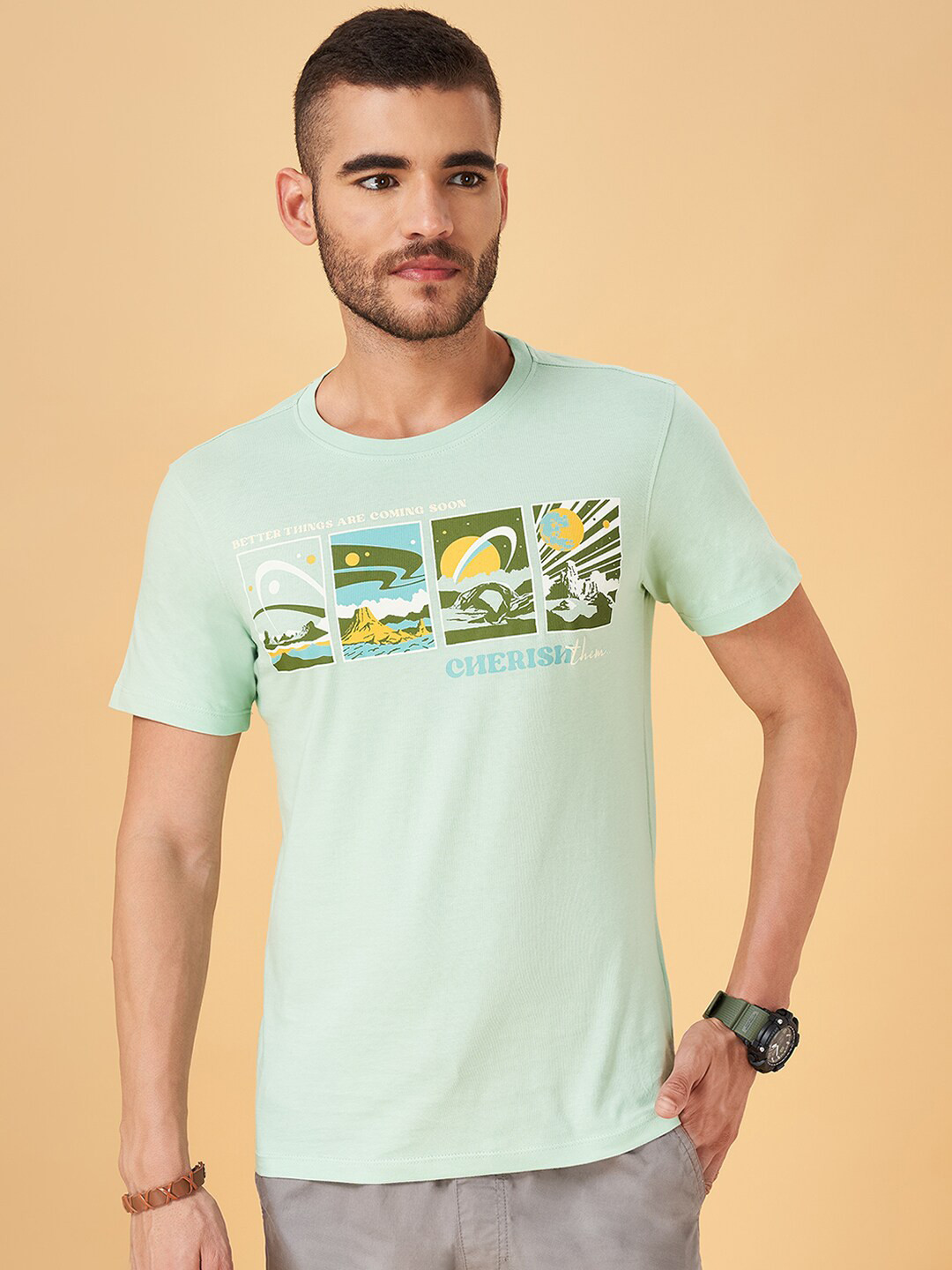 

Urban Ranger by pantaloons Graphic Printed Cotton Slim Fit T-shirt, Green