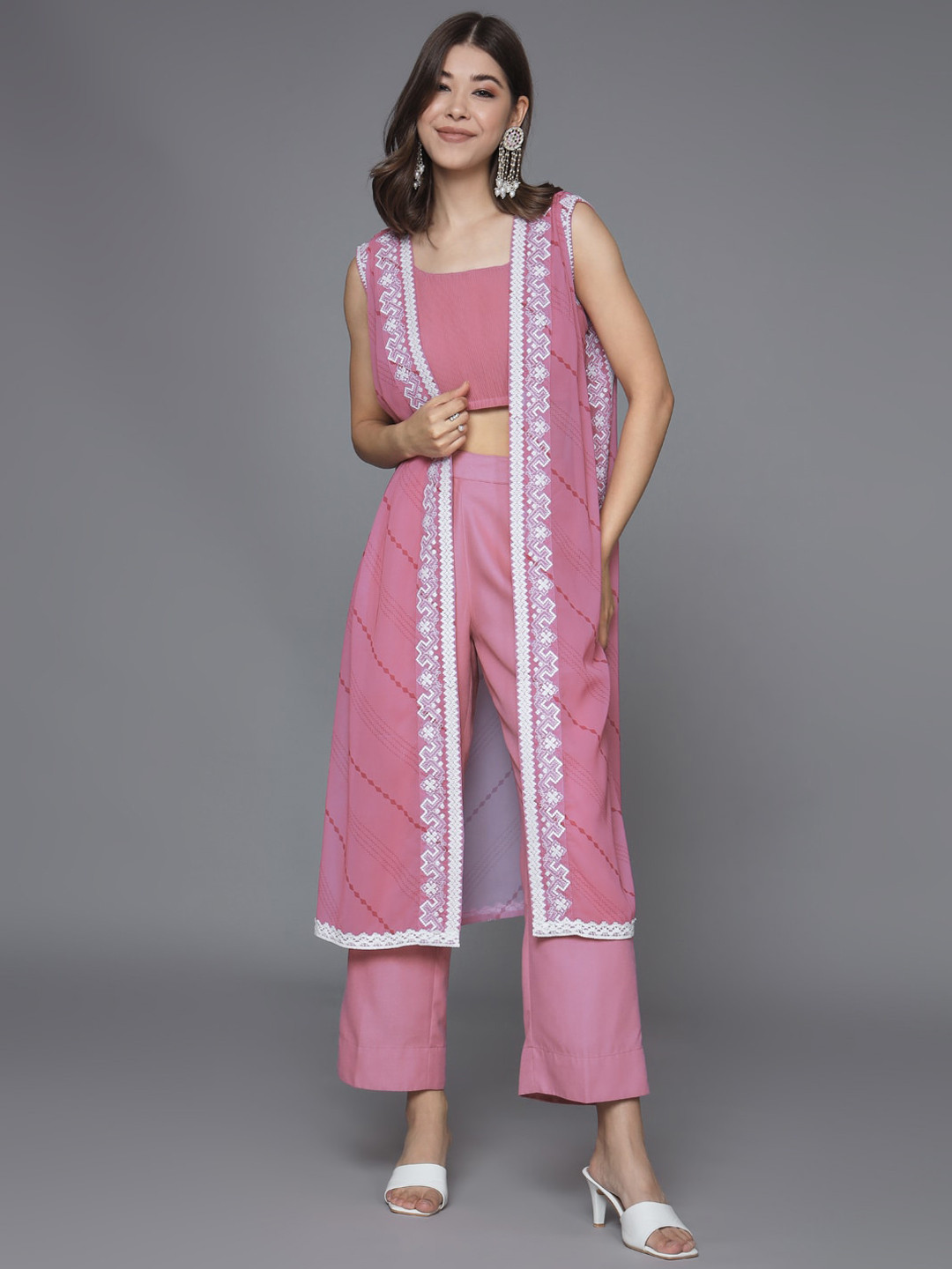 

HEEPOSH Round Neck Crop Top Trousers With Jacket Co-Ords, Pink
