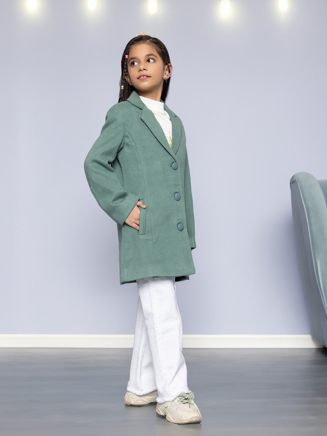 

CHIMPRALA Girls Woollen Longline Tailored Jacket, Green