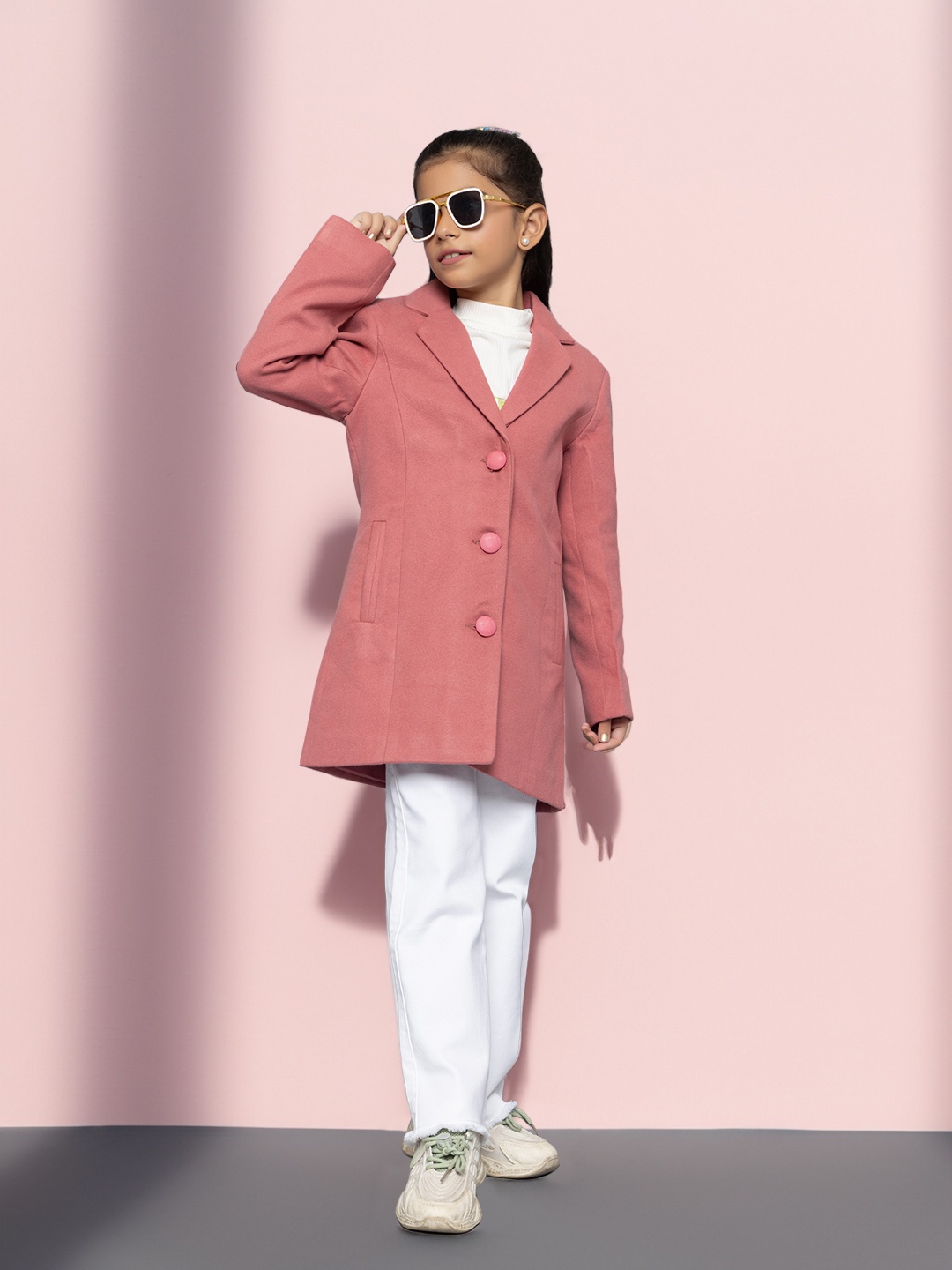 

CHIMPRALA Girls Woollen Longline Tailored Jacket, Pink