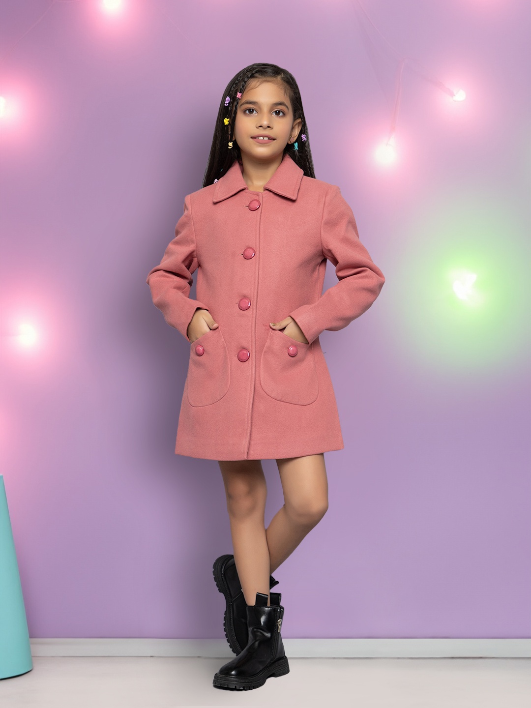 

CHIMPRALA Girls Woollen Longline Tailored Jacket, Pink