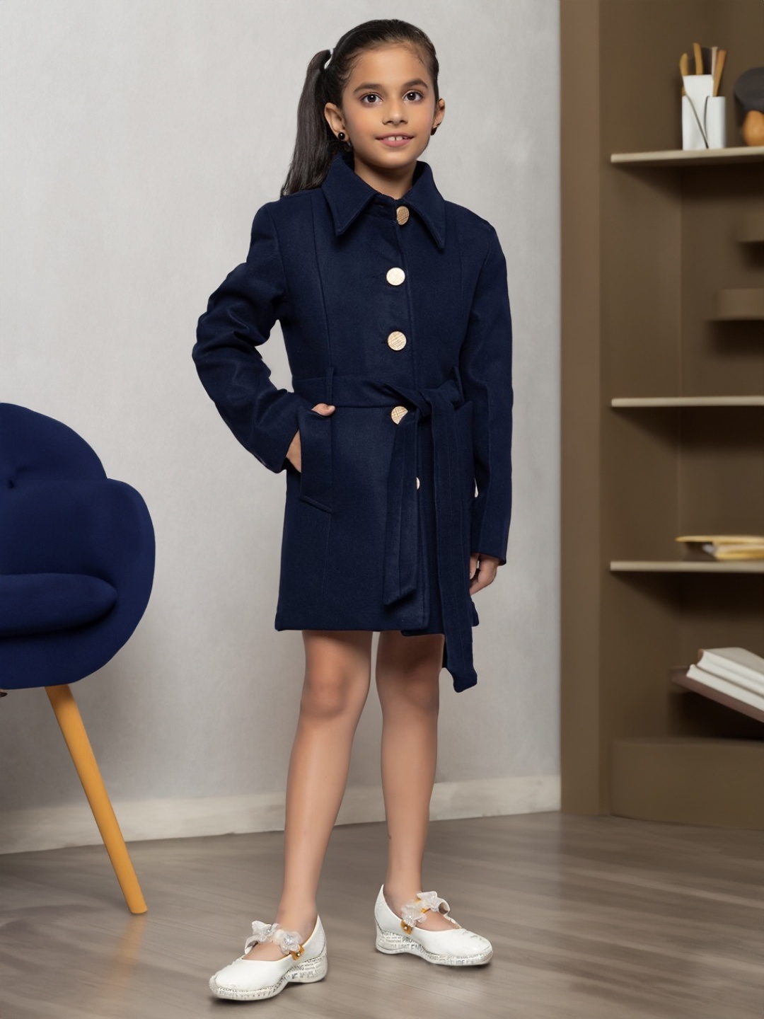 

CHIMPRALA Girls Woollen Longline Tailored Jacket, Navy blue