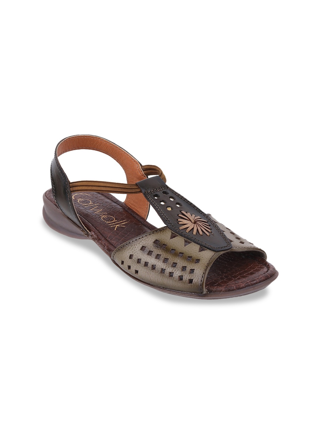 

Catwalk Textured Open Toe Flats With Backstrap Laser Cuts, Khaki