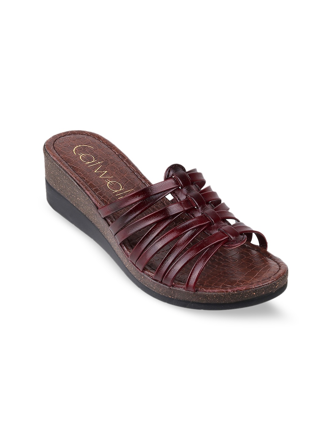 

Catwalk Textured Strappy Leather Wedge Heels, Maroon