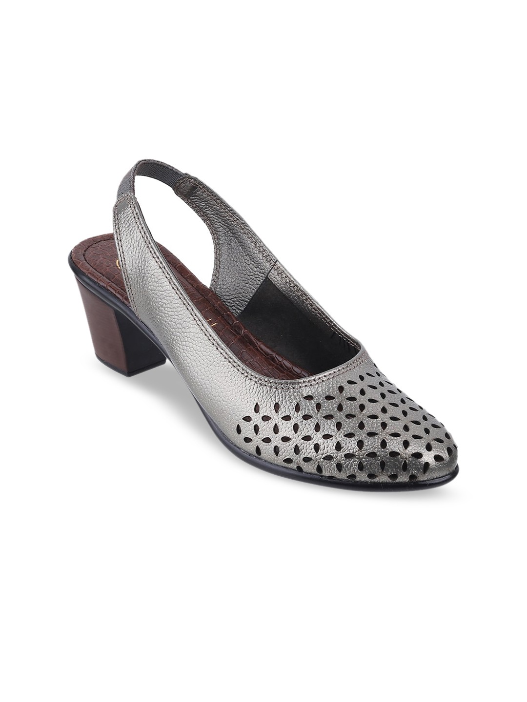 

Catwalk Textured Laser Cut Leather Block Pumps, Silver