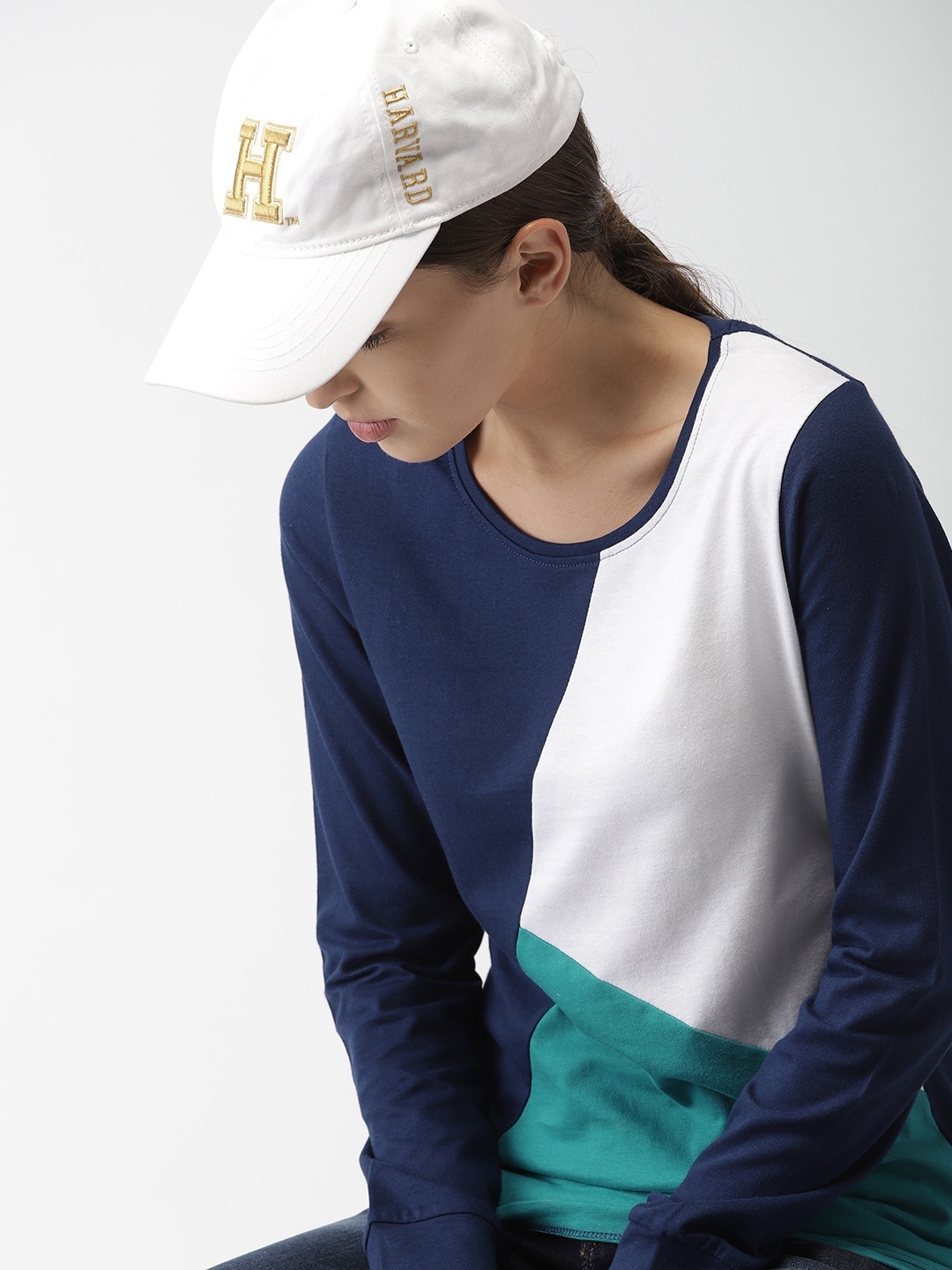 

Harvard Women Navy White Colourblocked Round Neck Pure Cotton T-shirt, Navy blue