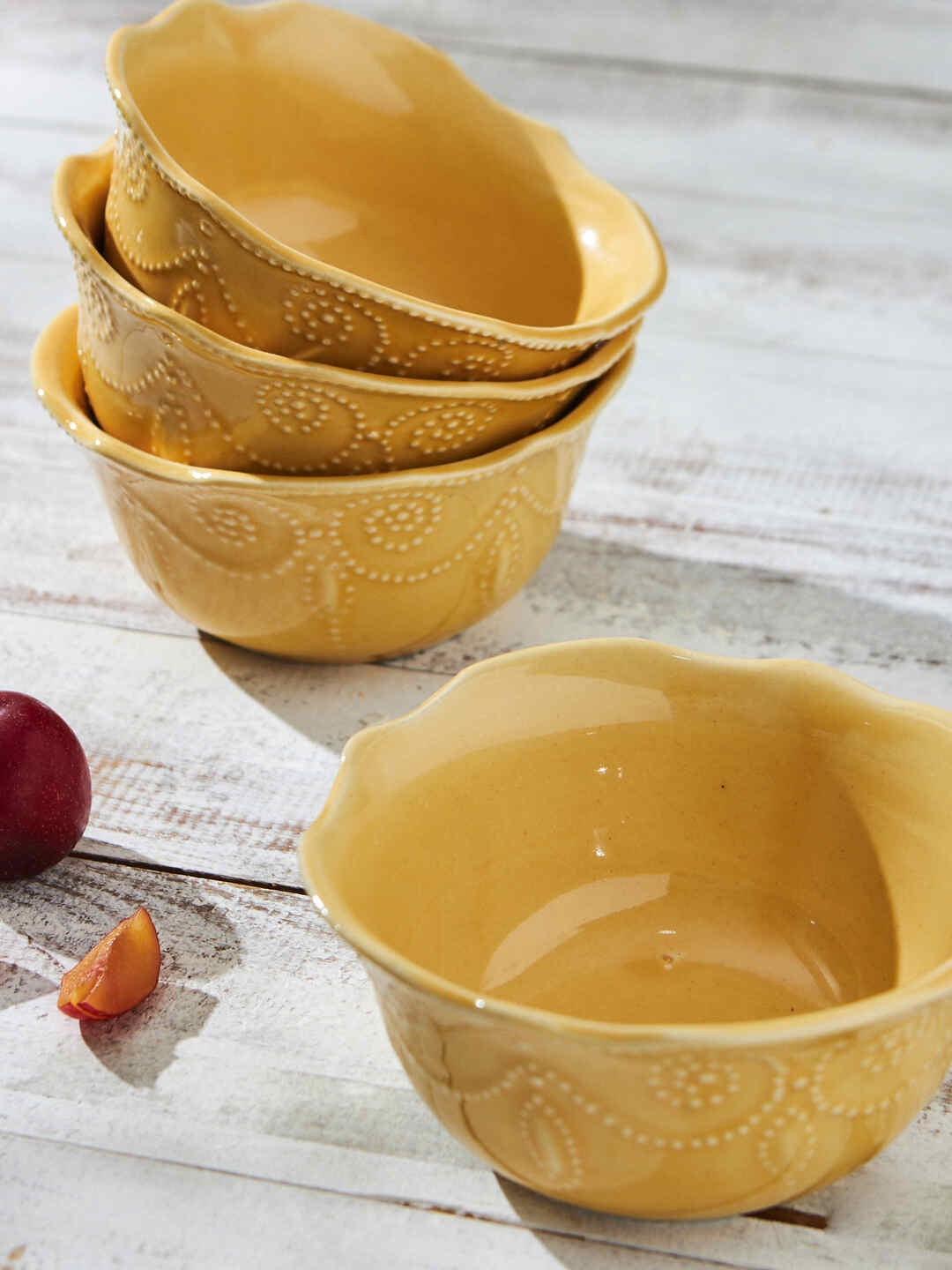 

Chumbak 4 Pieces Yellow Textured Ceramic Glossy Serving Bowls
