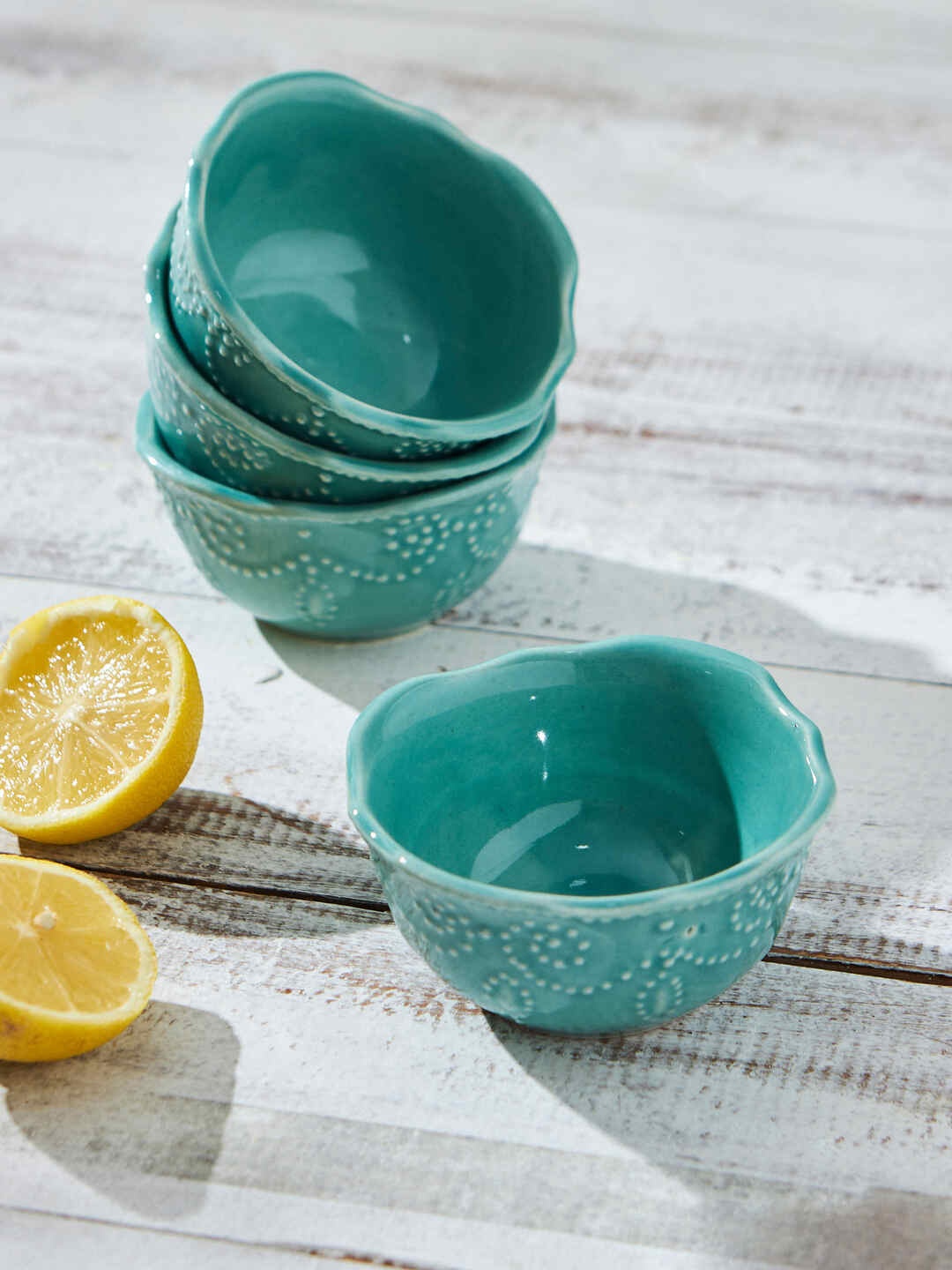 

Chumbak 4 Pieces Green Textured Ceramic Glossy Serving Bowls