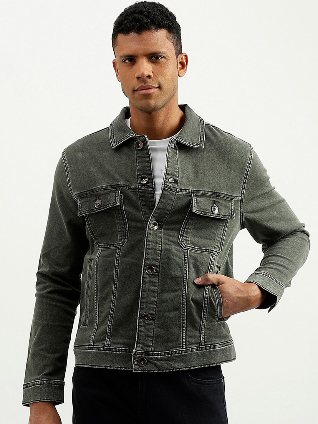 

United Colors of Benetton Spread Collar Denim Jacket, Grey