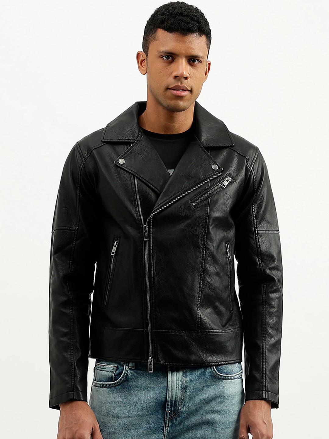 

United Colors of Benetton Lapel Collar Biker Jacket, Black