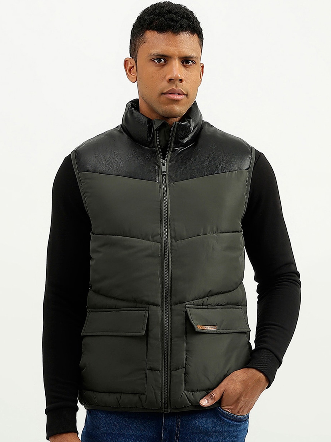 

United Colors of Benetton Colourblocked Mock Collar Padded Jacket, Grey