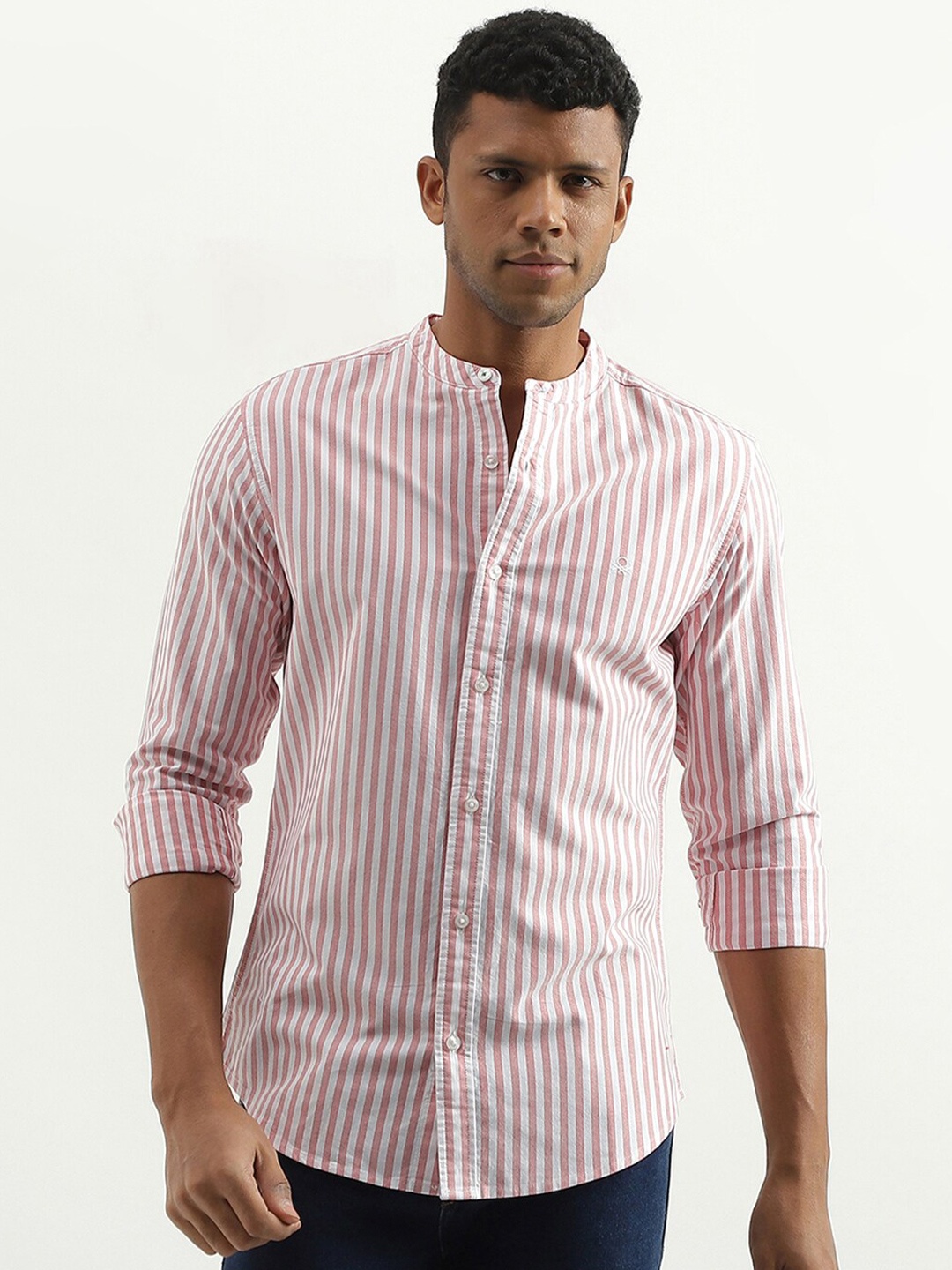 

United Colors of Benetton Slim Fit Opaque Striped Mandarin Collar Cotton Casual Shirt, Pink