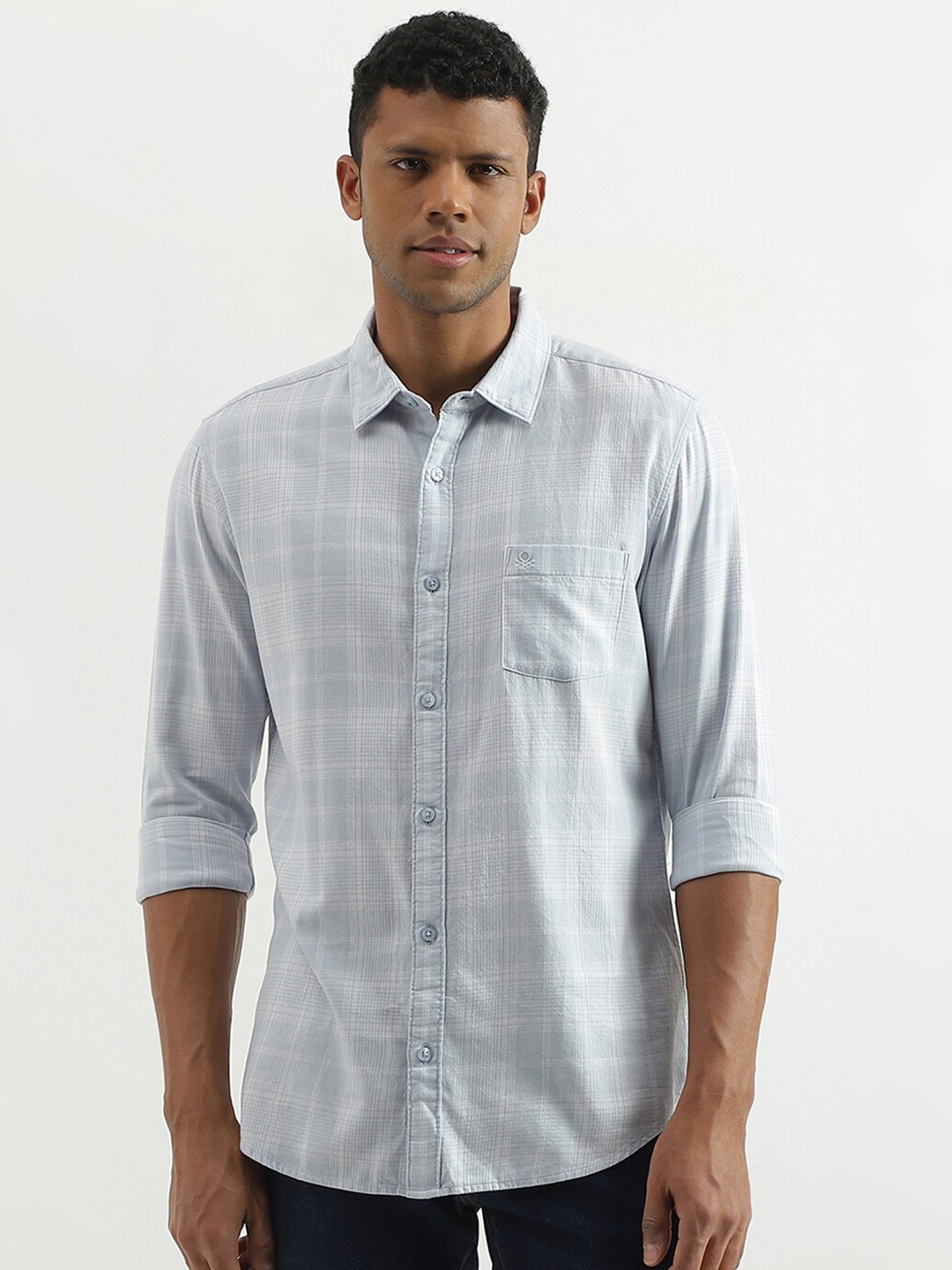 

United Colors of Benetton Slim Fit Opaque Checked Cotton Casual Shirt, Blue