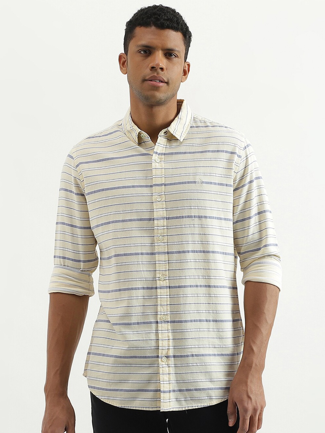 

United Colors of Benetton Slim Fit Horizontal Stripes Cotton Casual Shirt, Beige