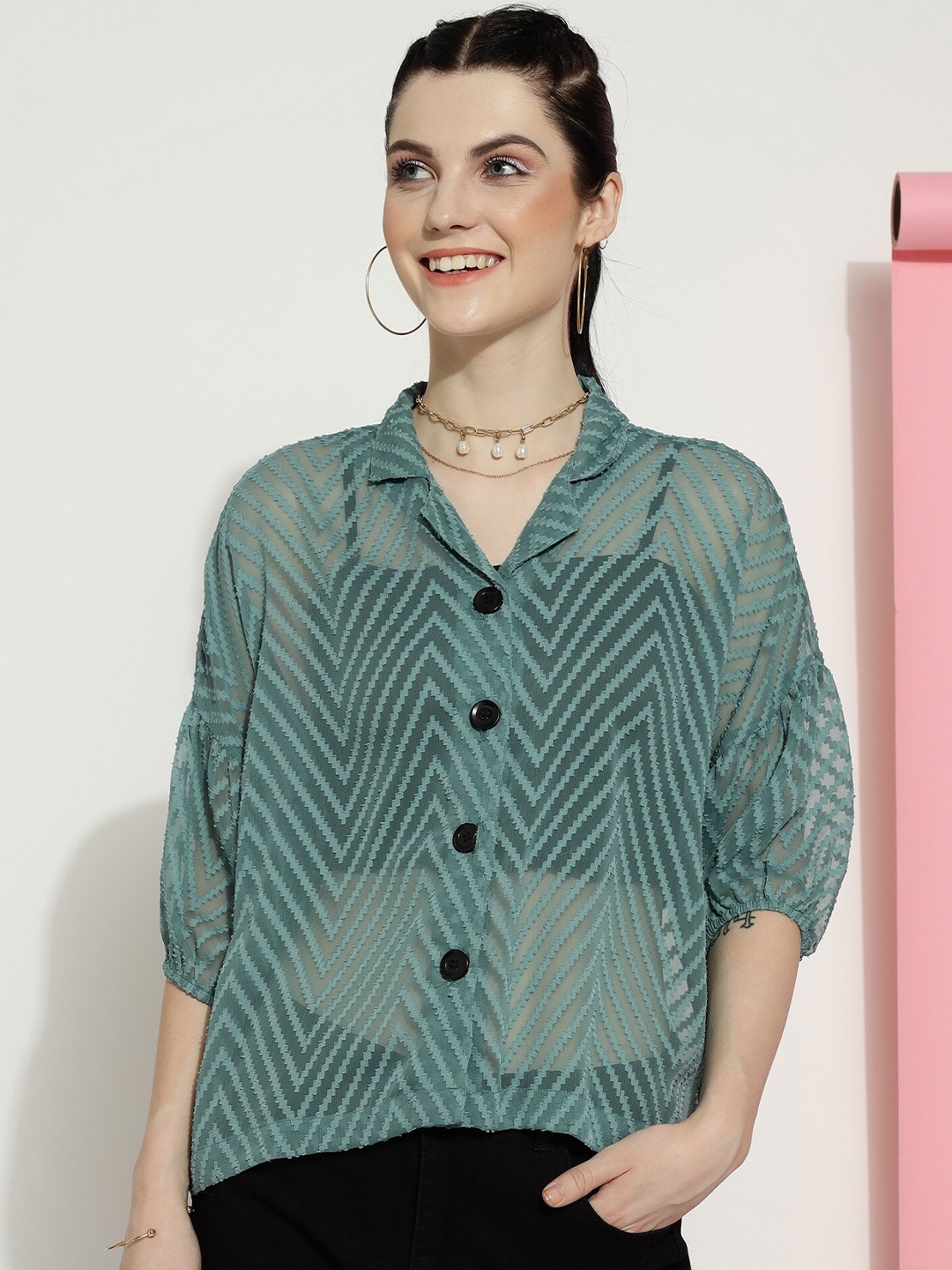 

DressBerry Olive Green Self Design Cuban Collar Georgette Shirt Style Top