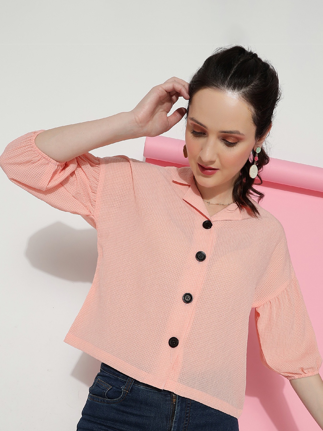 

DressBerry Peach-Coloured Checked Cuban Collar Shirt Style Top