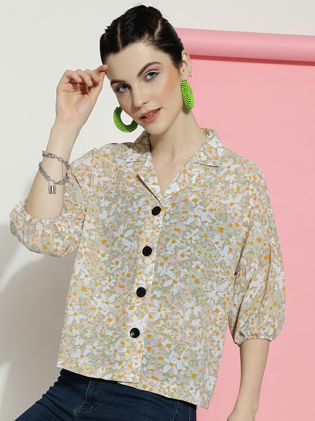 

DressBerry Cream-Coloured Floral Printed Cuban Collar Georgette Shirt Style Top