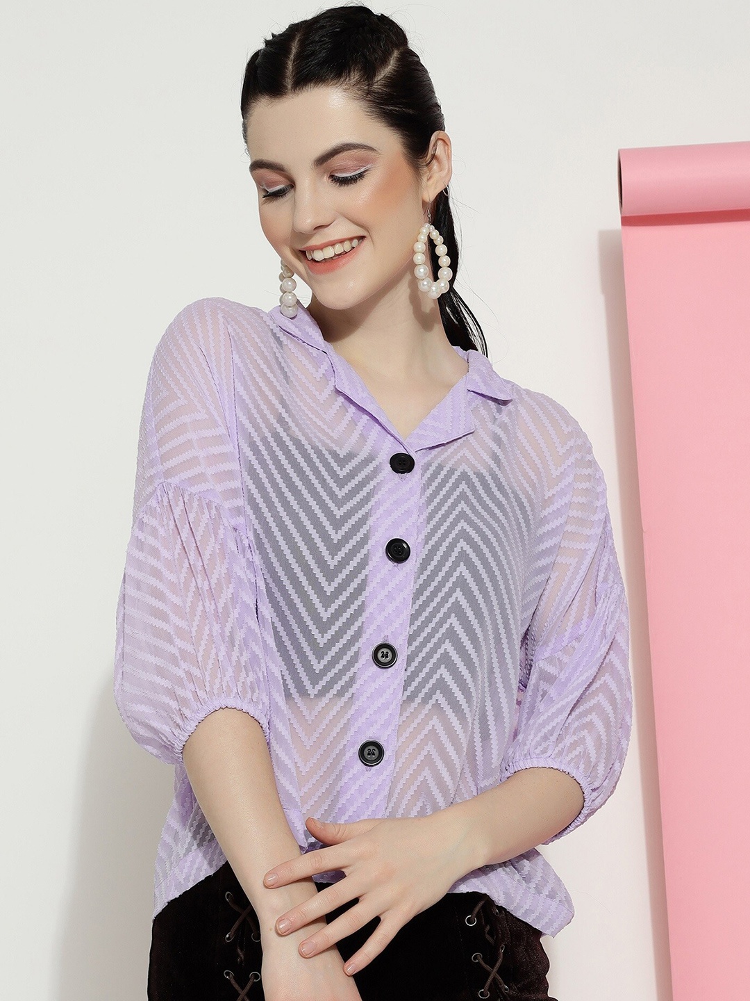 

DressBerry Geometric Self Design Shirt Style Top, Purple