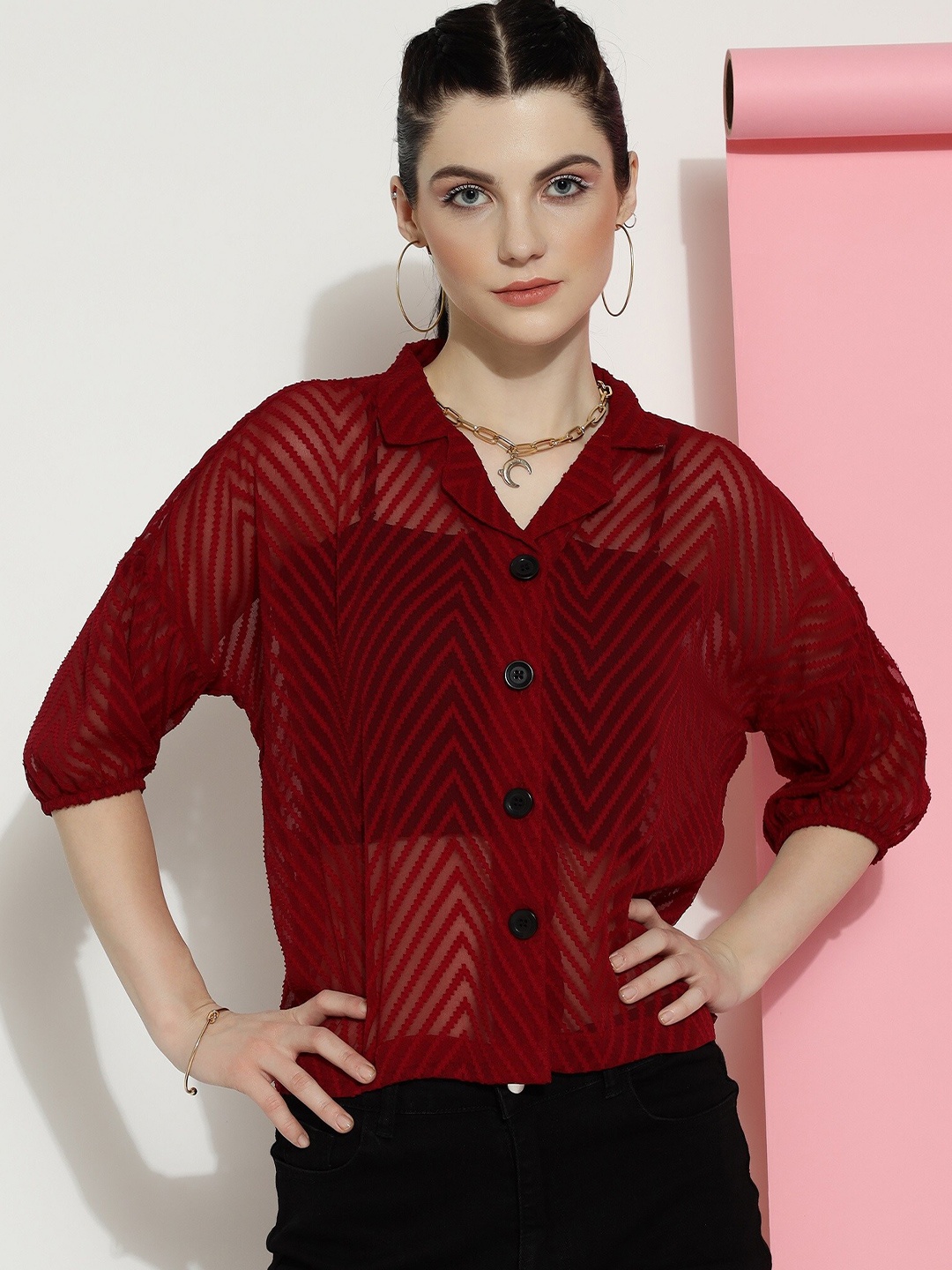 

DressBerry Geometric Self Design Self Design Georgette Shirt Style Top, Maroon