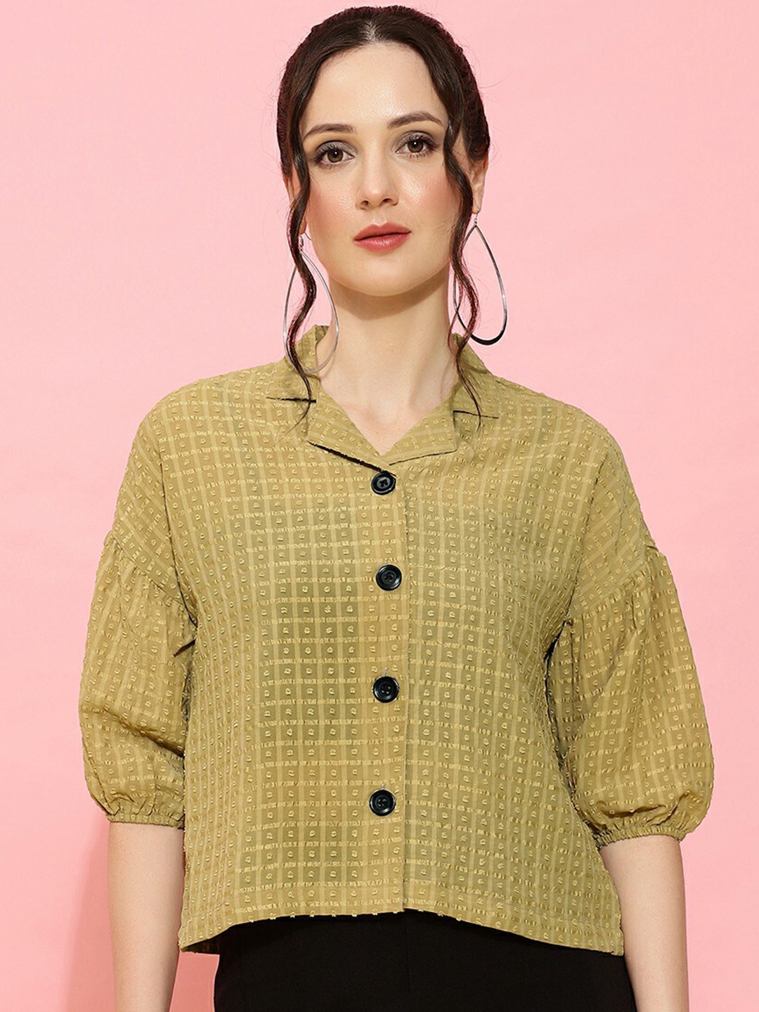 

DressBerry Self Design Shirt Style Top, Beige