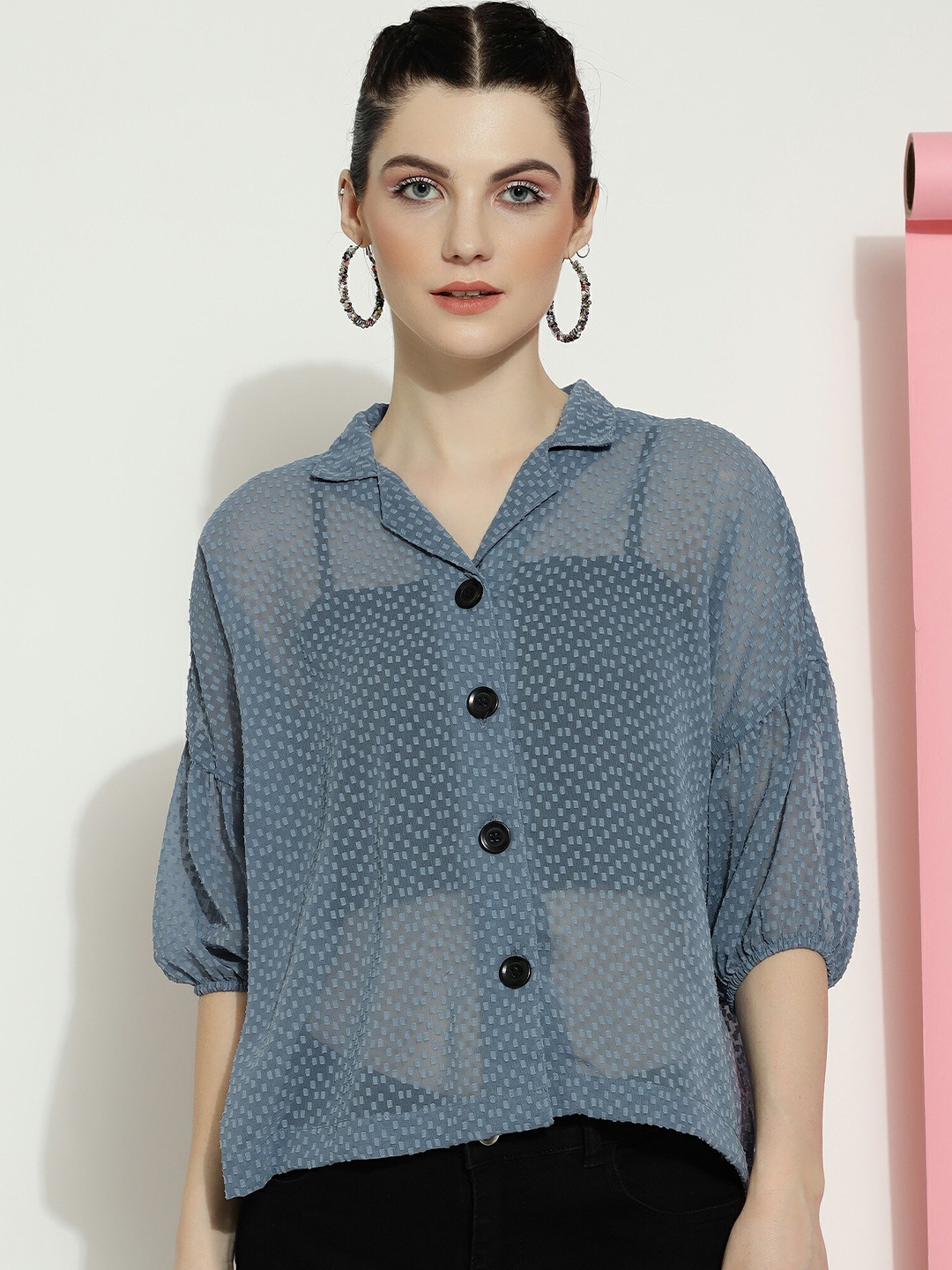 

DressBerry Blue Self Design Cuban Collar Semi Sheer Georgette Shirt Style Top