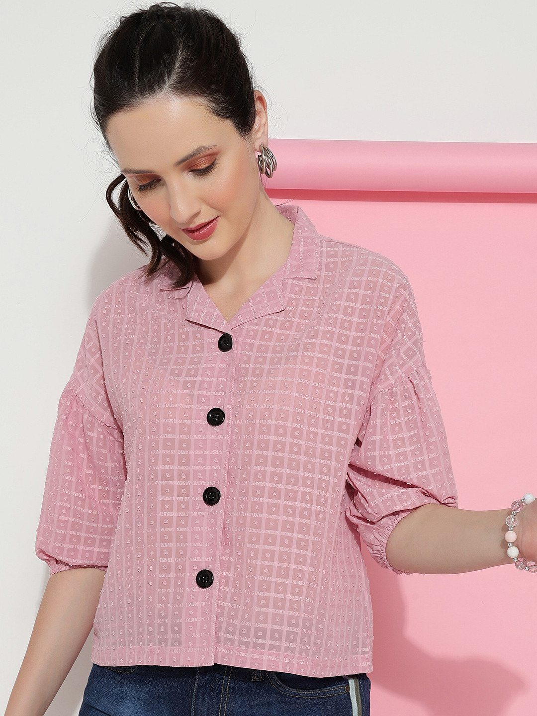 

DressBerry Peach-Coloured Checked Shirt Style Top