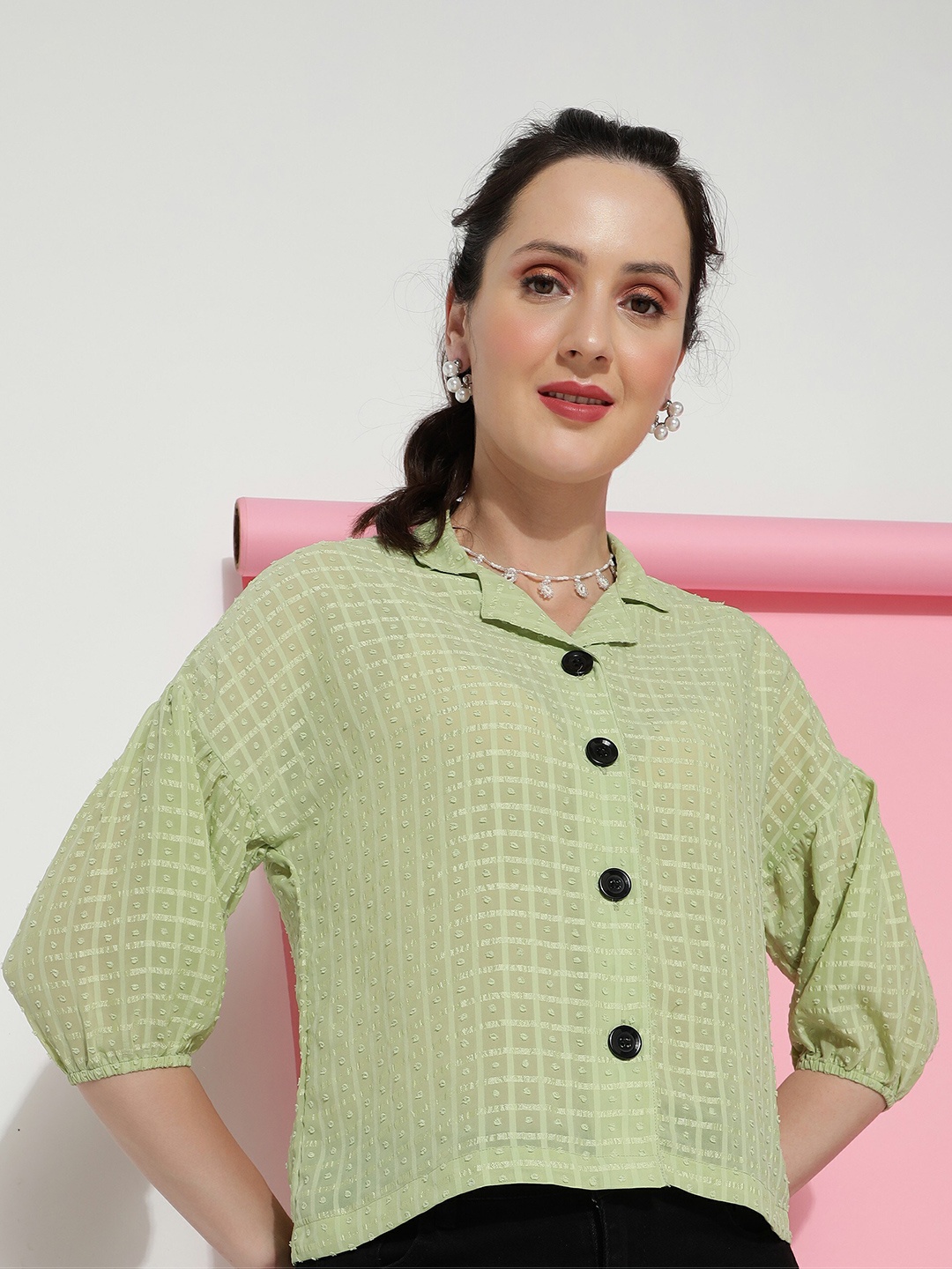 

DressBerry Fluorescent Green Self Design Cuban Collar Shirt Style Top