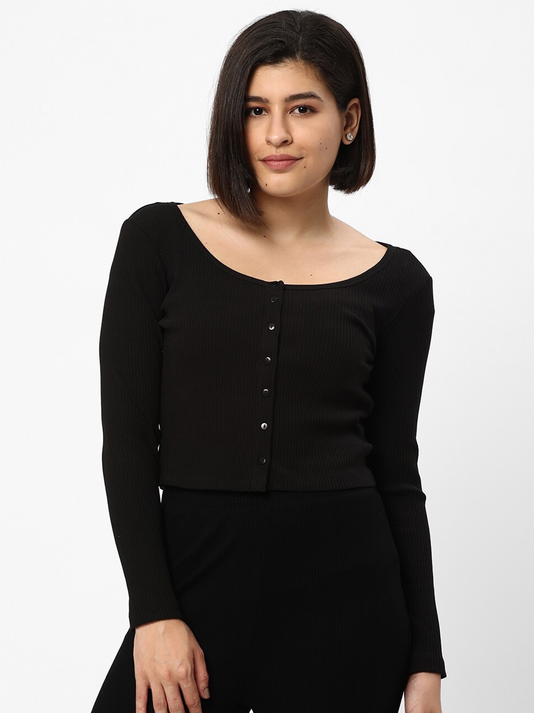 

R&B Round Neck Fitted Top, Black