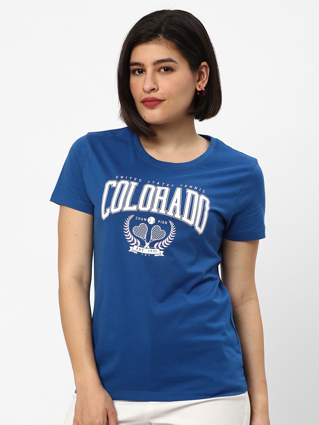 

R&B Typography Printed Regular Fit Cotton T-shirt, Blue