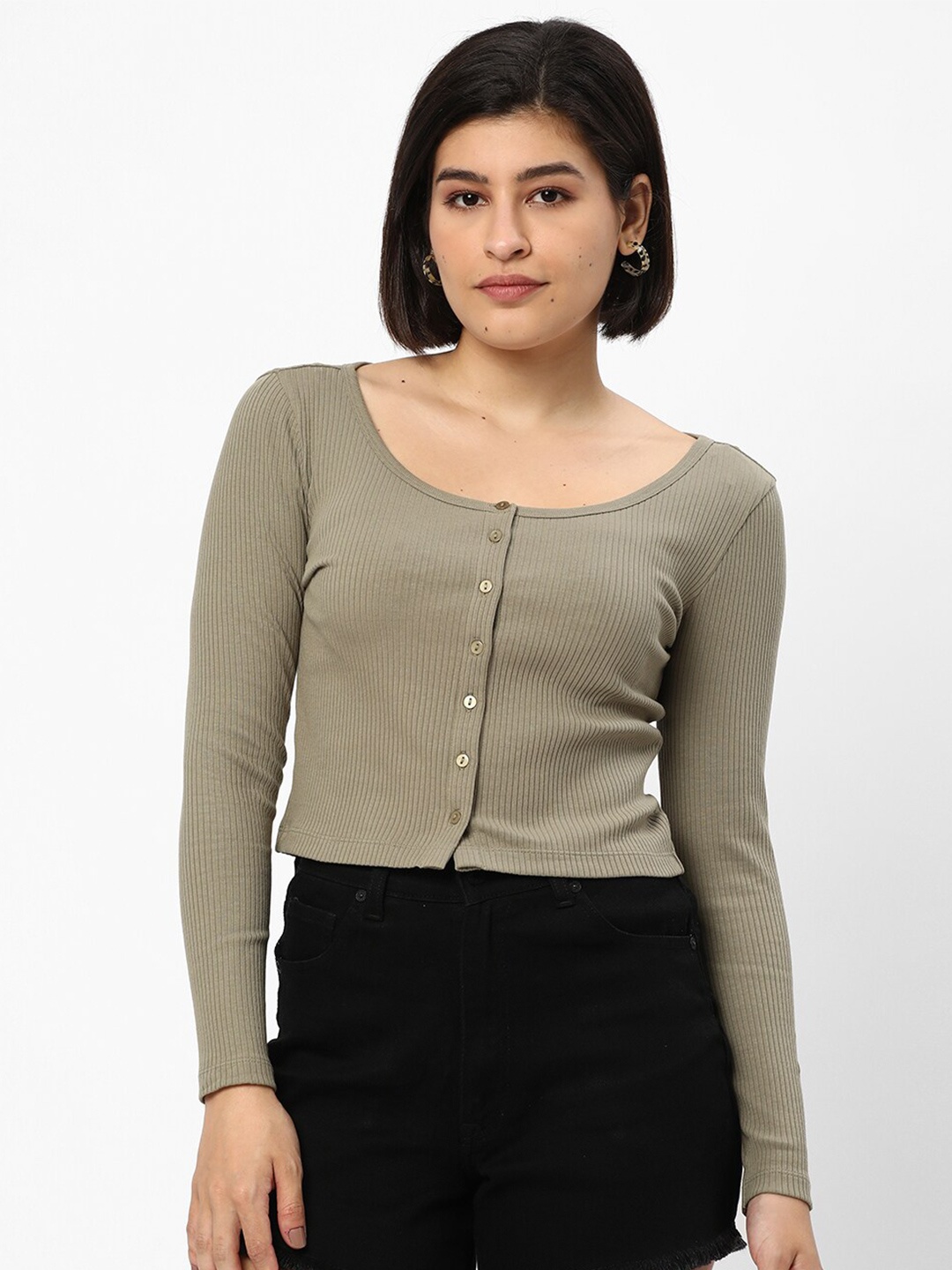 

R&B Scoop Neck Long Sleeves Crop T-shirt, Green