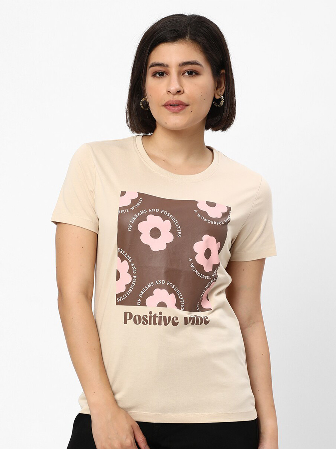 

R&B Typography Printed Regular Fit Cotton T-shirt, Beige