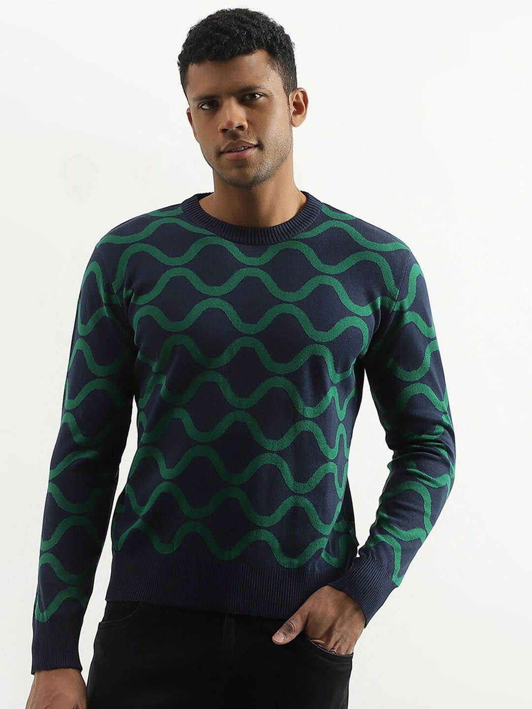 

United Colors of Benetton Abstract Printed Cotton Pullover, Navy blue