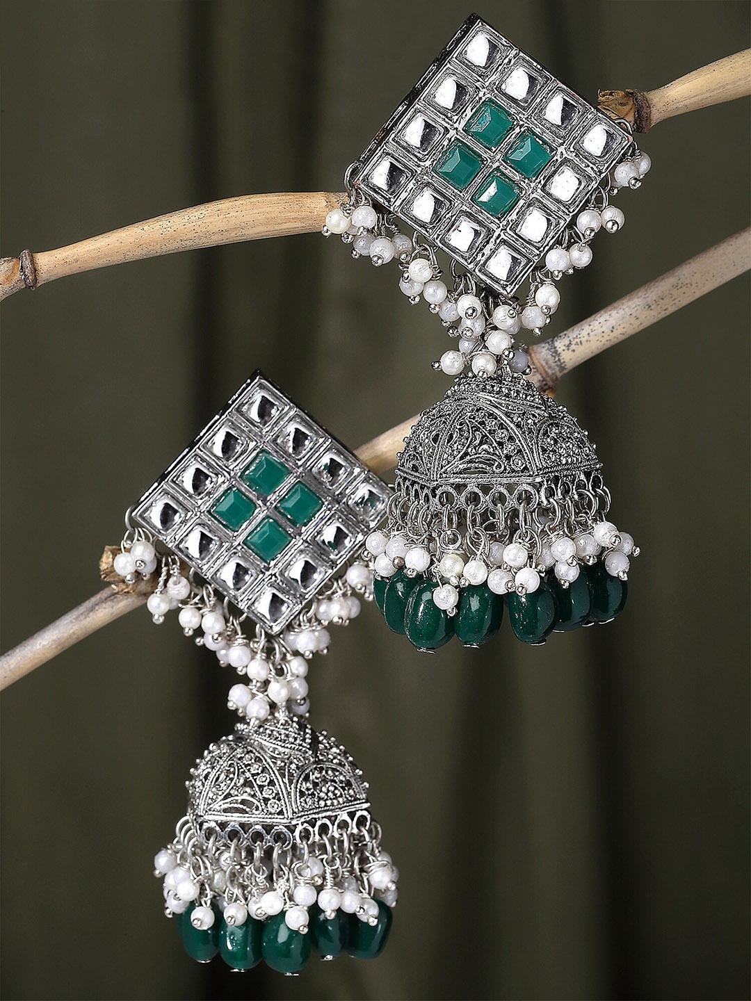 

KARATCART Silver-Plated Oxidised Contemporary Jhumkas