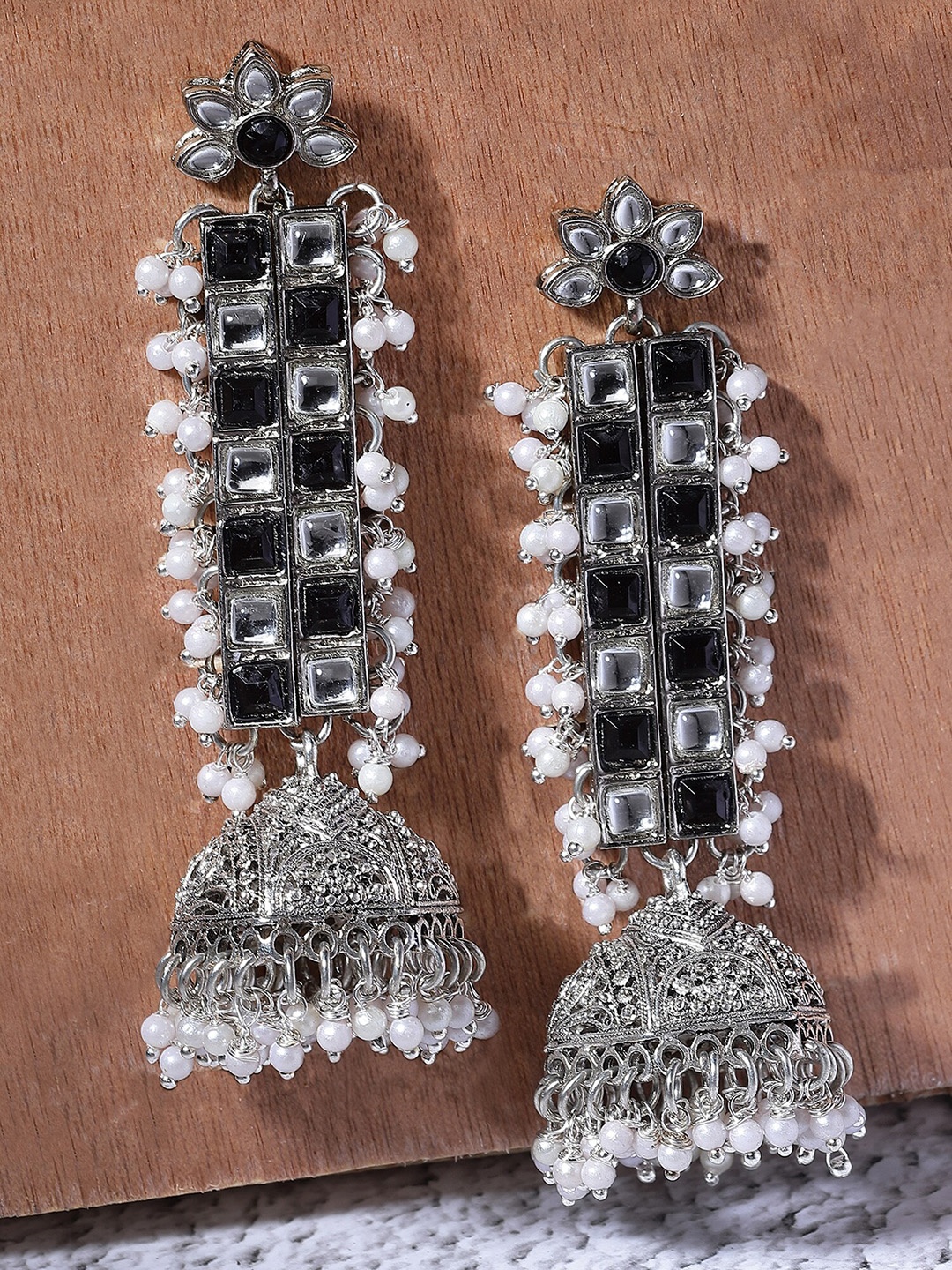 

KARATCART Silver-Plated Oxidised Kundan-Studded Contemporary Jhumkas, Black