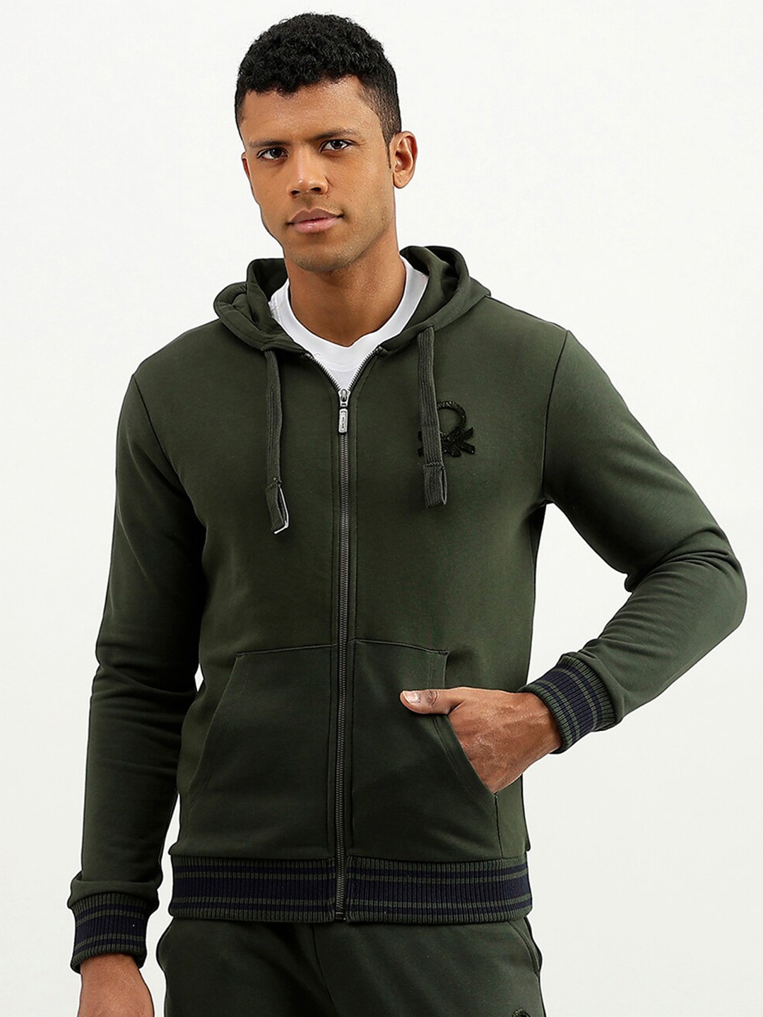 

United Colors of Benetton Hooded Front-Open Sweatshirt, Olive
