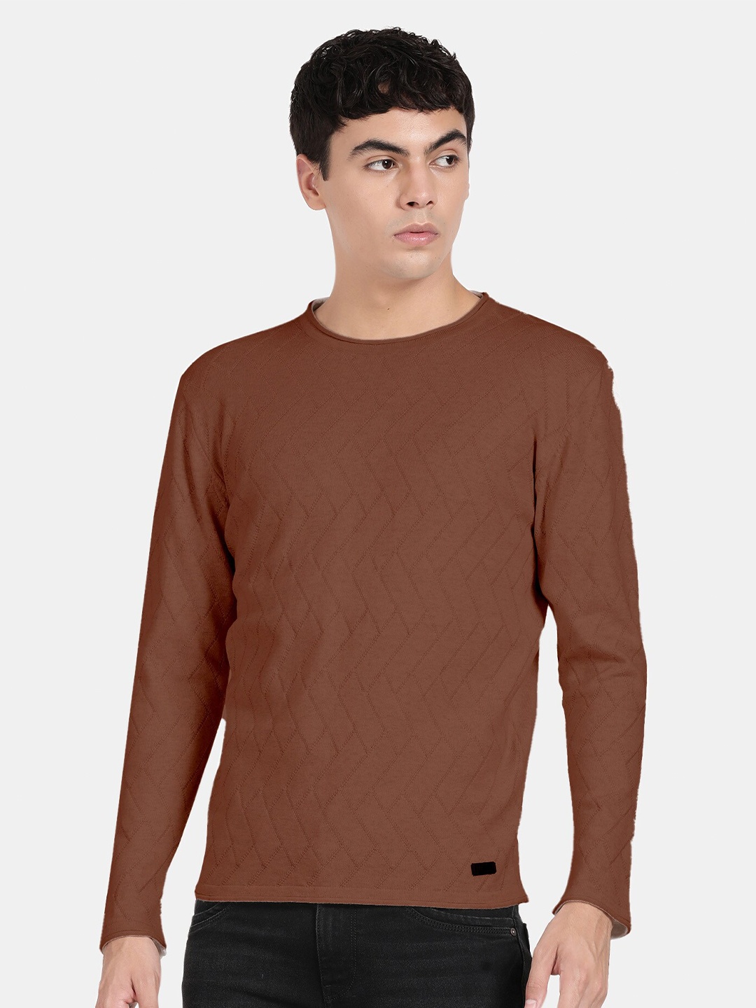 

t-base Geometric Self Design Cotton Pullover, Rust