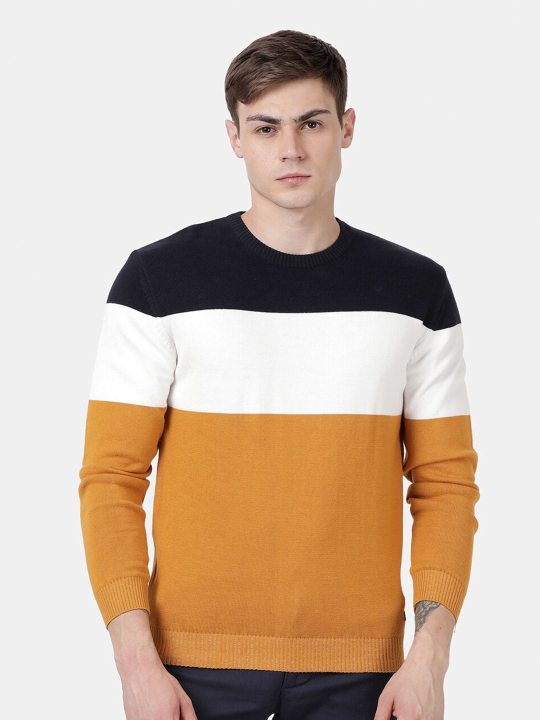 

t-base Colourblocked Round Neck Cotton Pullover Sweater, Yellow