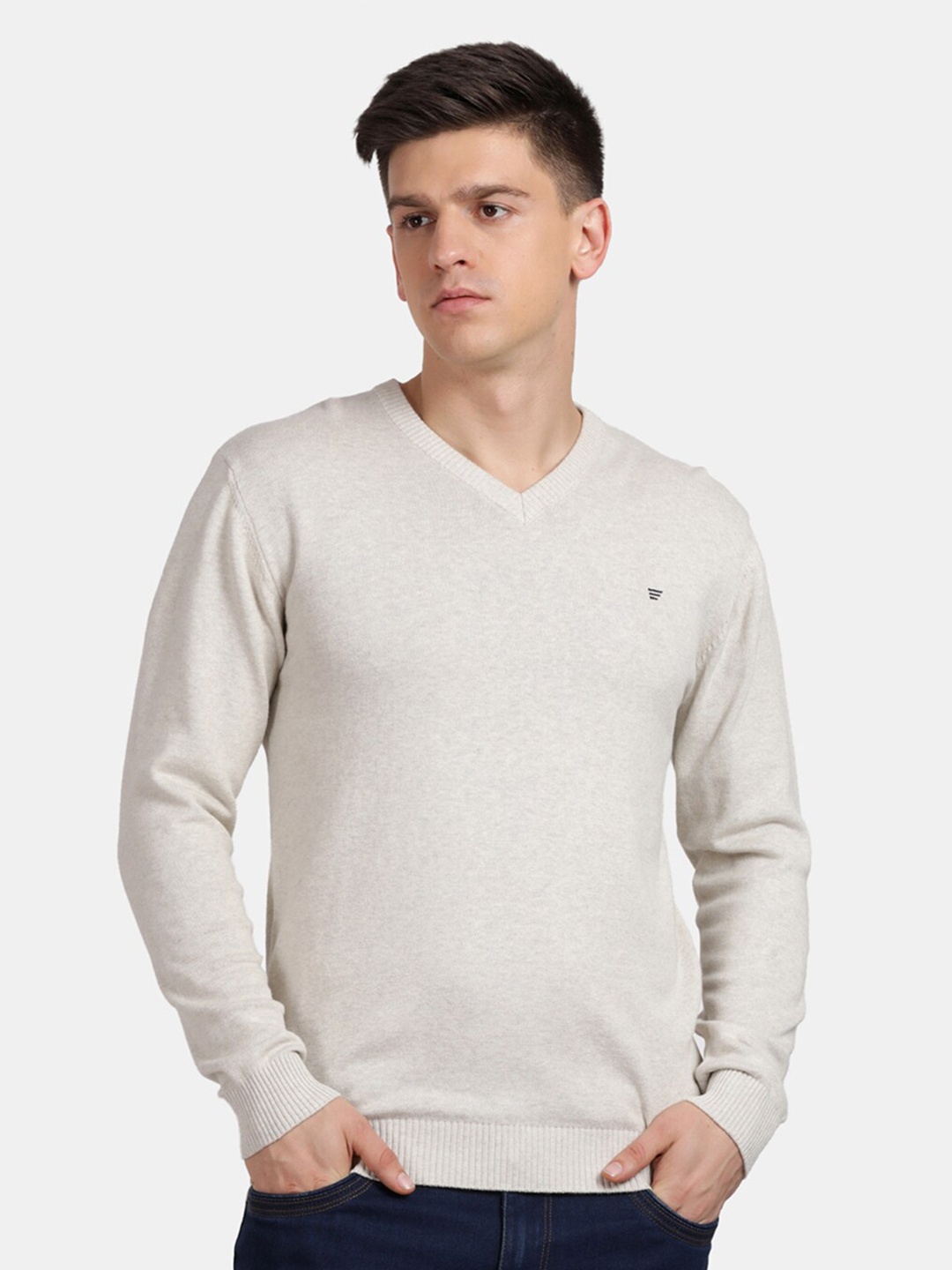 

t-base V-Neck Cotton Pullover Sweater, Grey