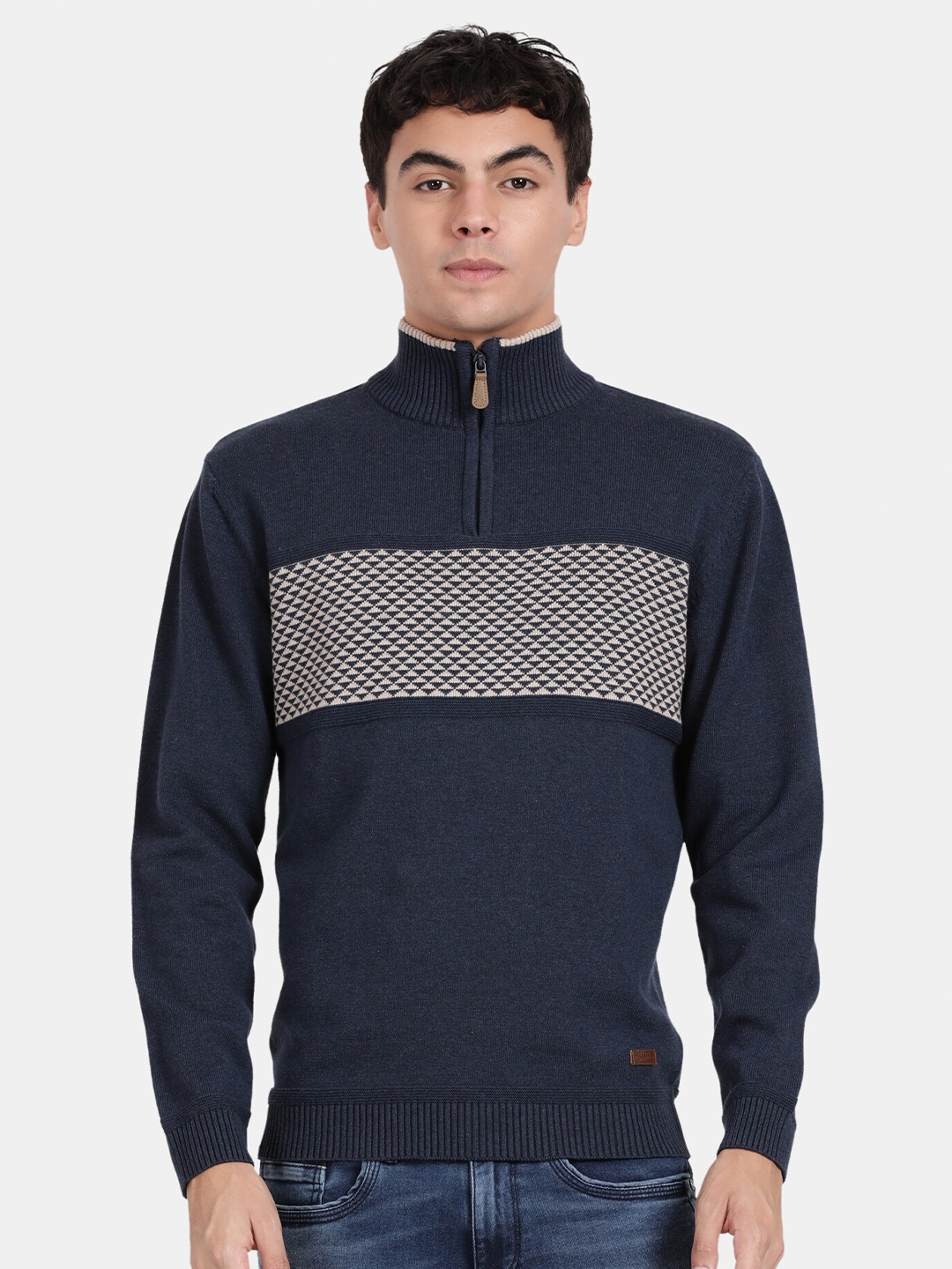 

t-base Geometric Printed High Neck Cotton Pullover Sweater, Blue