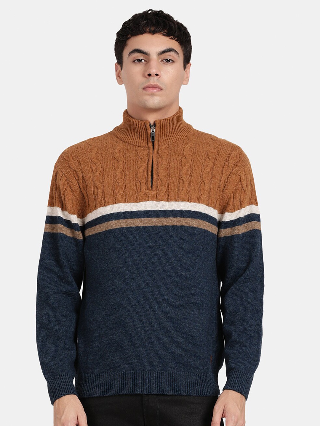 

t-base Colourblocked High Neck Woollen Pullover Sweater, Rust