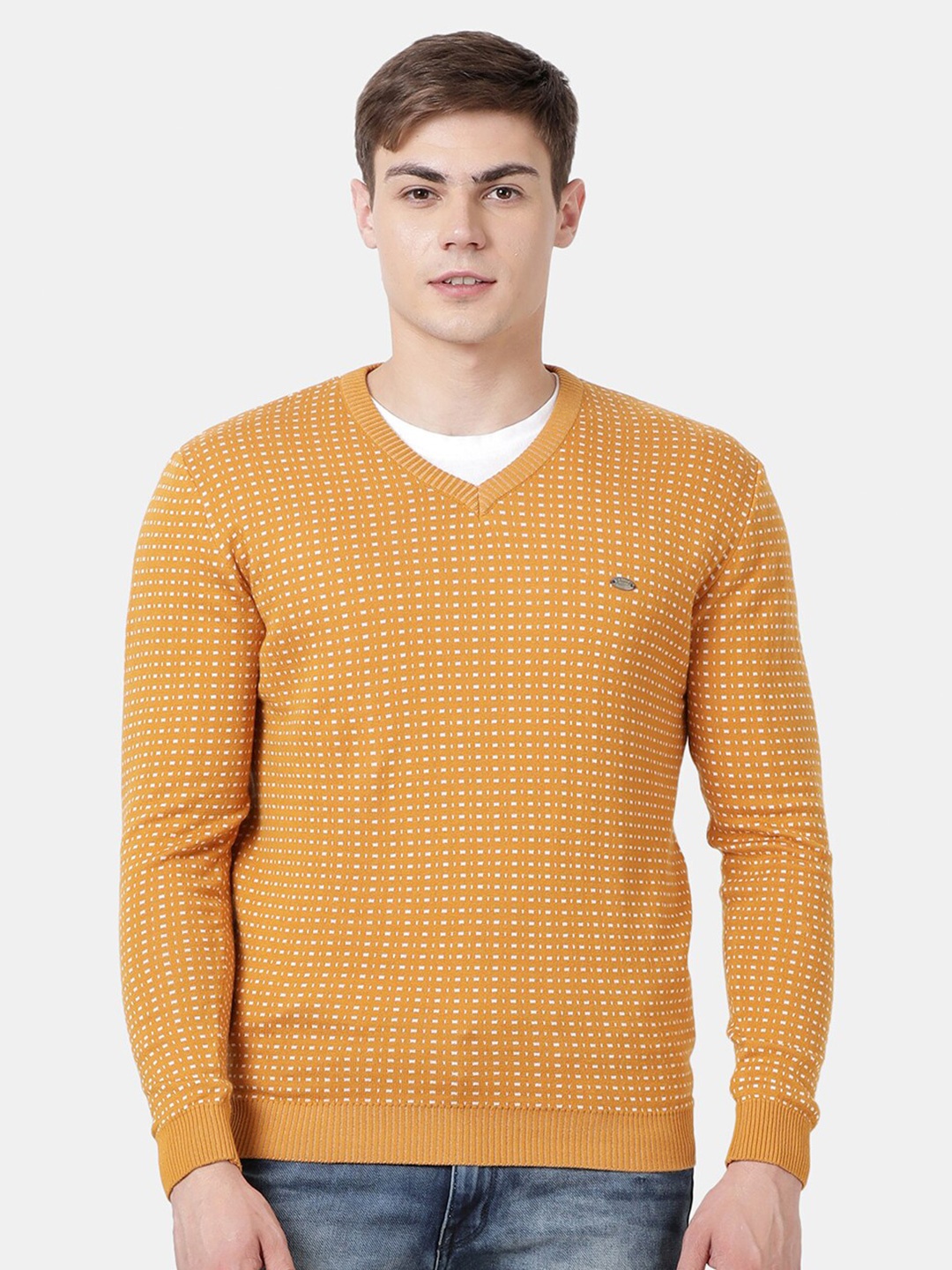 

t-base Geometric Printed V-Neck Cotton Pullover Sweater, Yellow