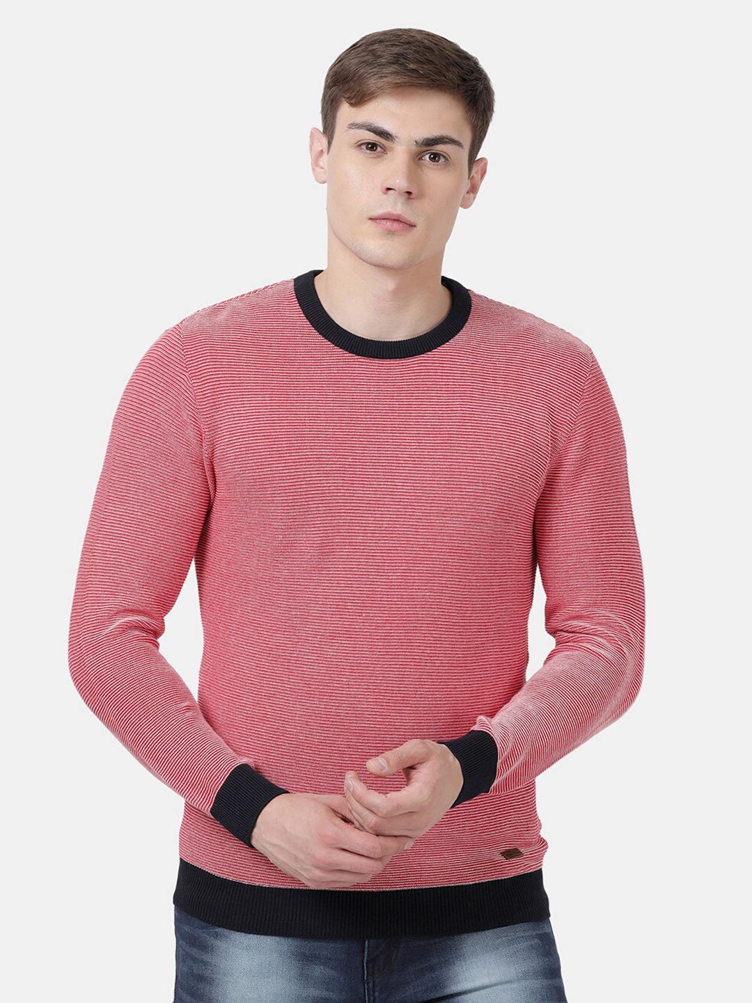 

t-base Striped Round Neck Cotton Pullover, Red