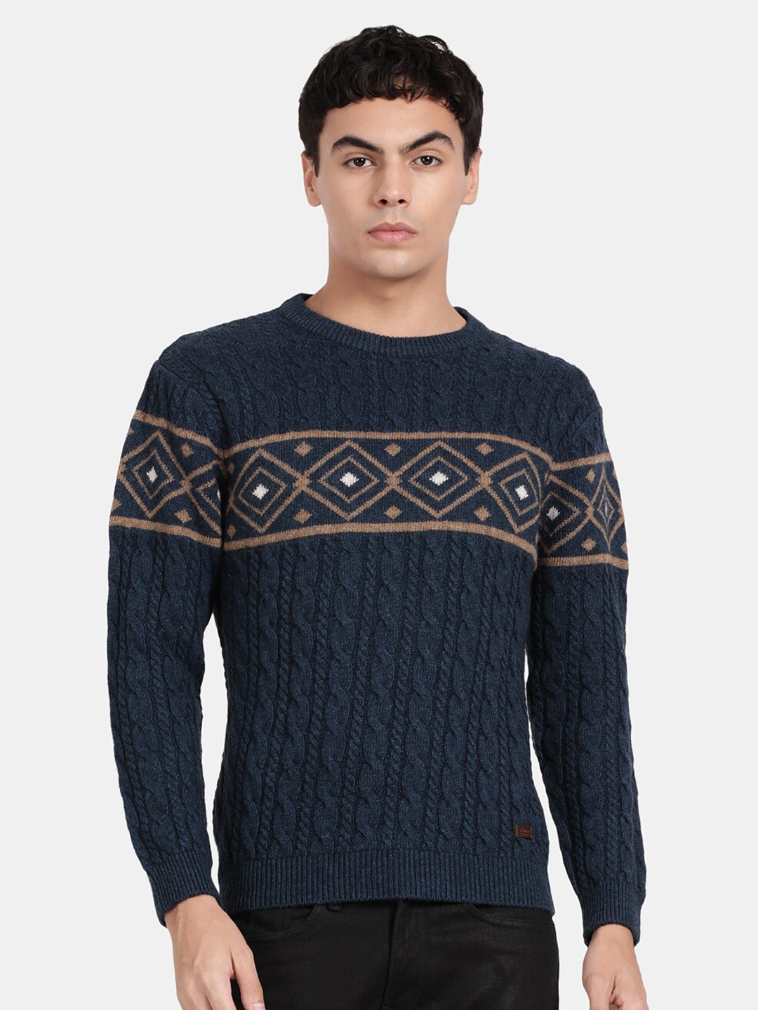 

t-base Round Neck Cable Knit Woollen Pullover, Blue