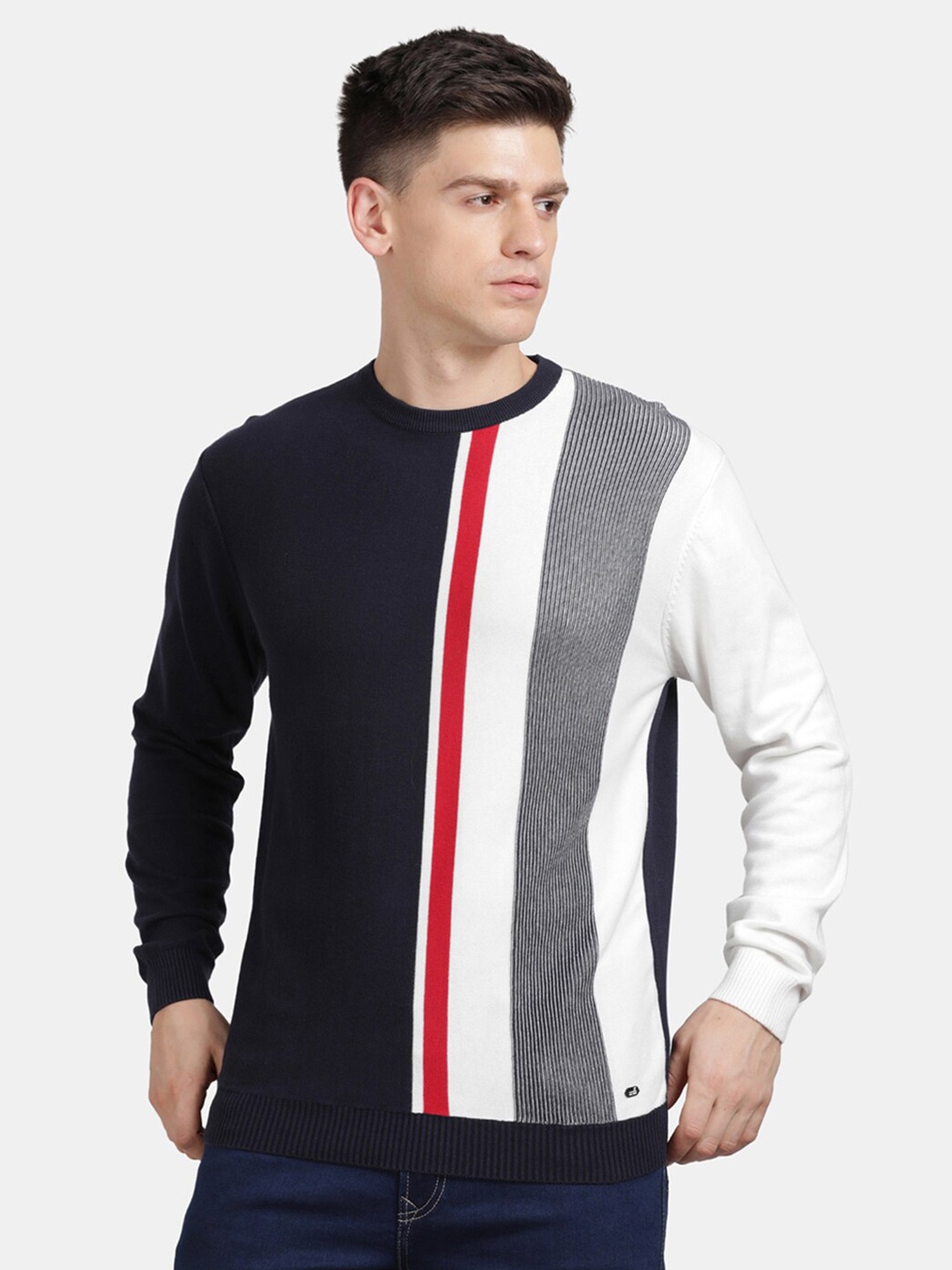 

t-base Colourblocked Cotton Pullover Sweater, Navy blue