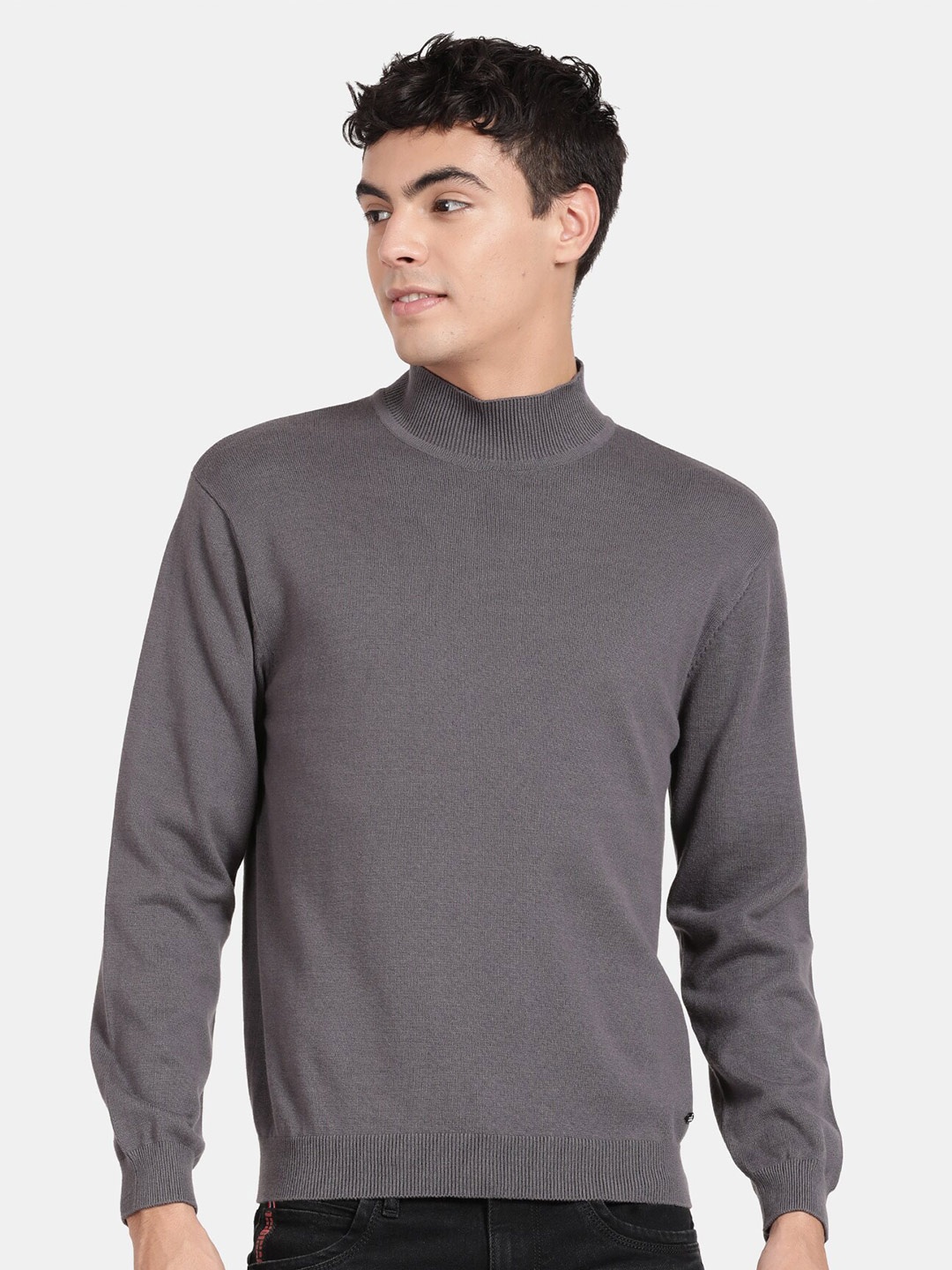 

t-base High Neck Neck Long Sleeves Cotton Modal Pullover Sweater, Grey