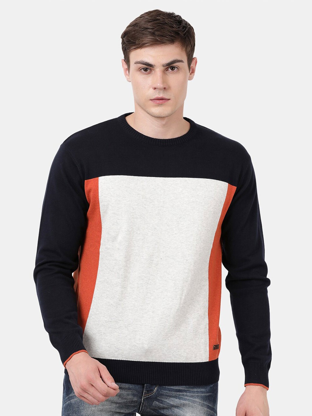 

t-base Colourblocked Round Neck Long Sleeves Cotton Pullover Sweater, Orange